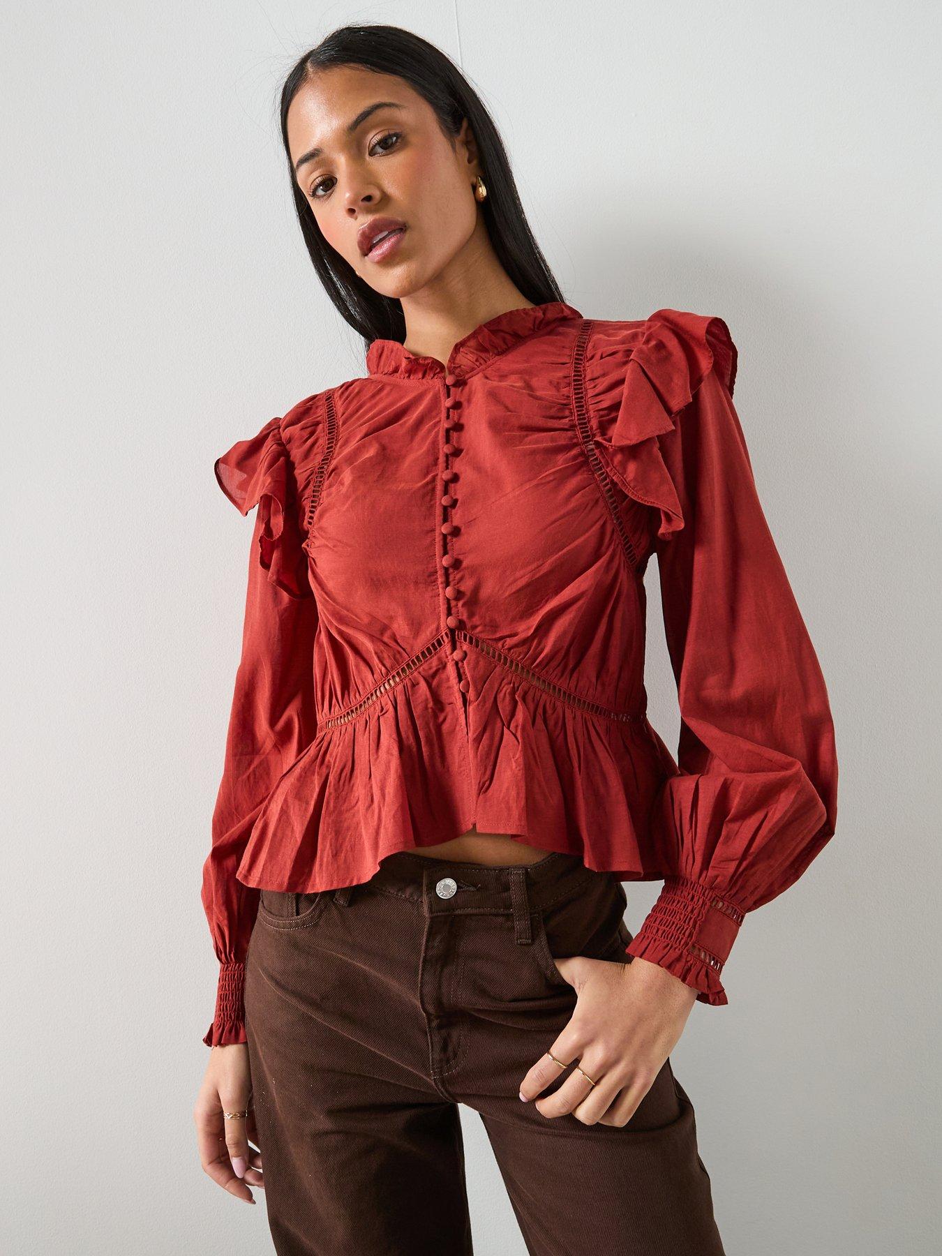 AllSaints Lima Long Sleeve Ruffle Peplum Top - Paprika Red