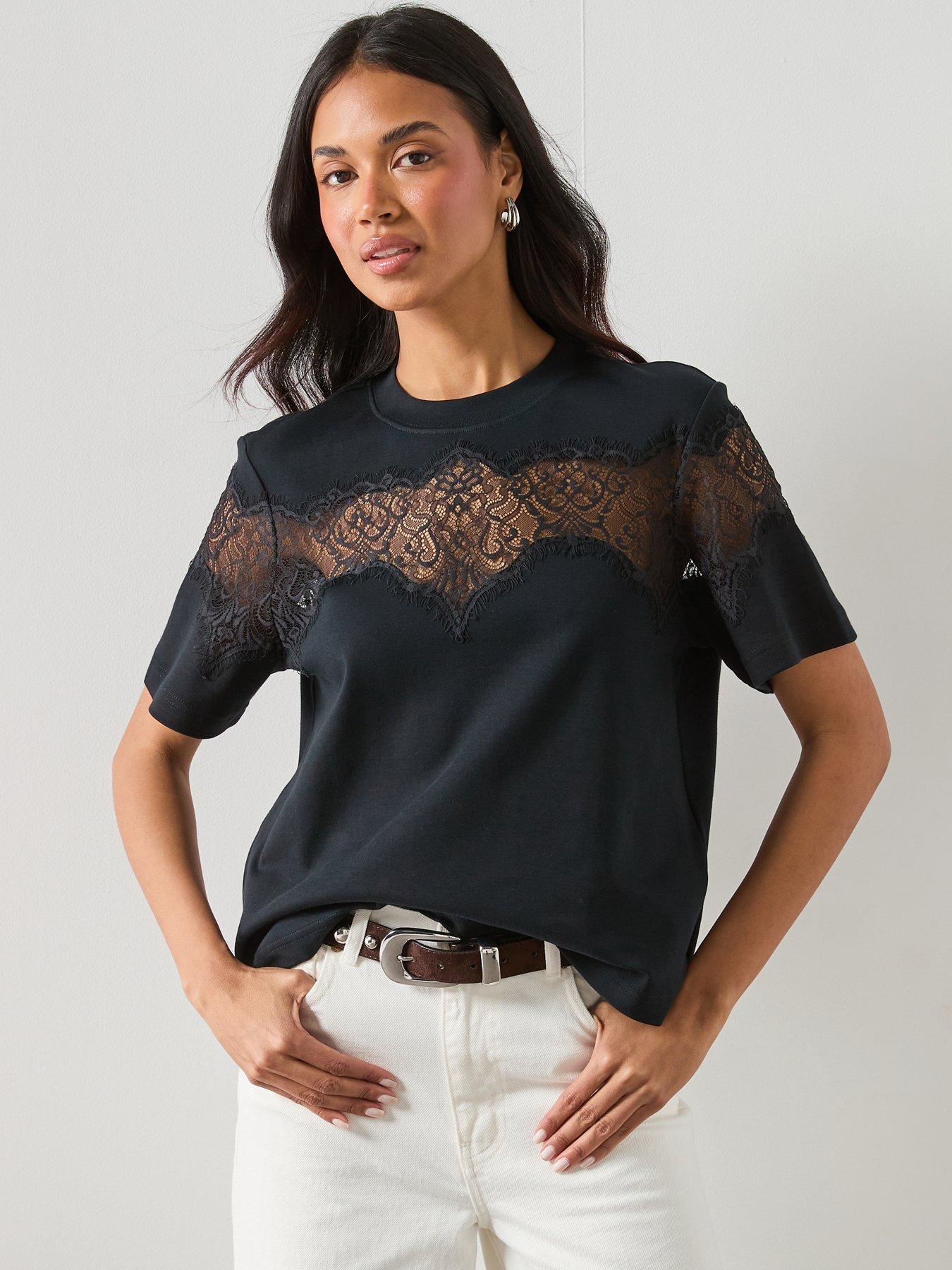 AllSaints Lisa Short Sleeve Lace T-Shirt - Black