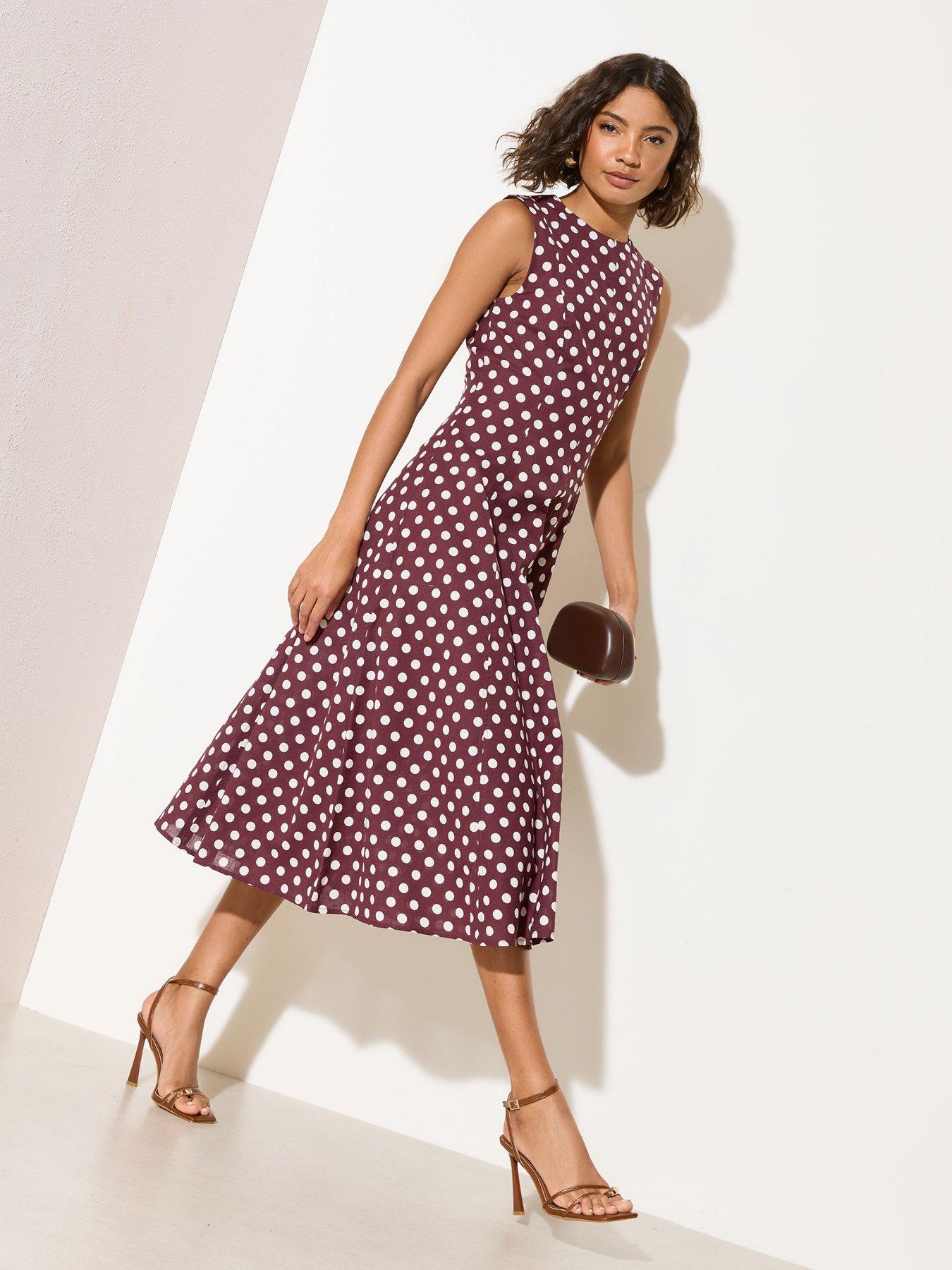 Friends Like These Linen Blend Sleeveless Princess Seam Spot Midi Dress - Brown