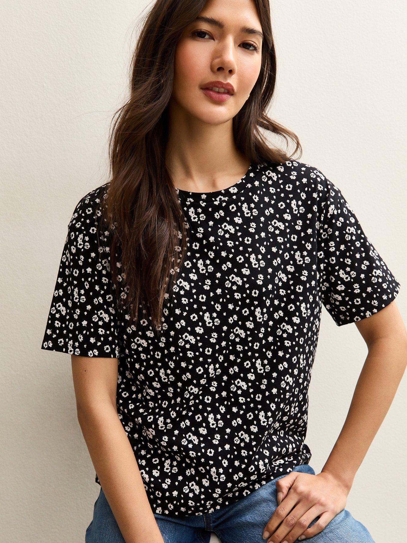 Image 1 of 5 of New Look Floral Cotton Crew Neck T-Shirt - Black
