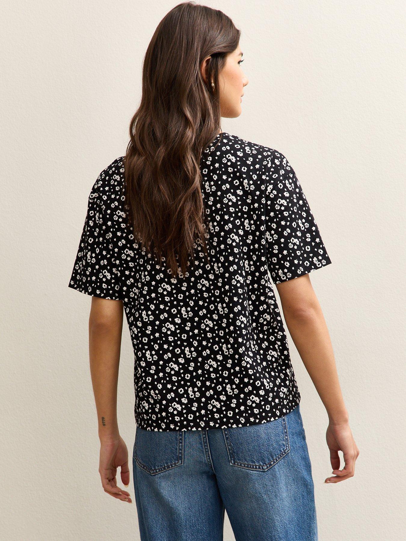 Image 2 of 5 of New Look Floral Cotton Crew Neck T-Shirt - Black