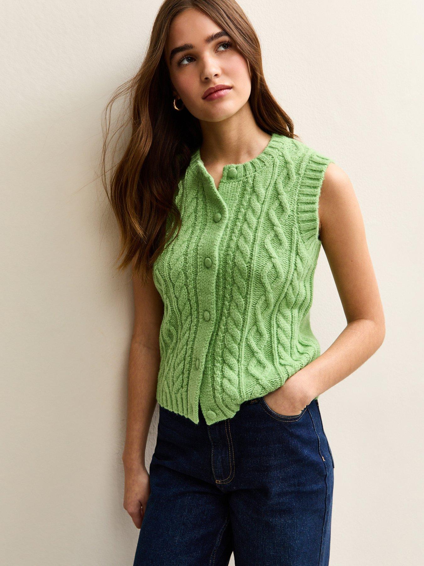new-look-crew-neck-cable-knit-waistcoat-green