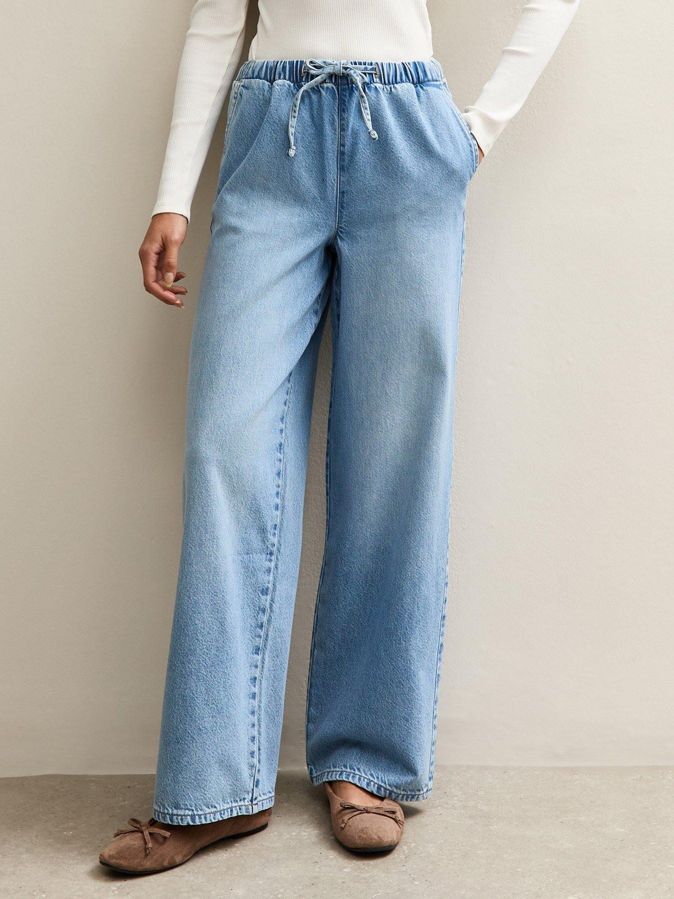Image 1 of 6 of New Look Denim Wide Leg Drawstring Waist Jeans - Light Blue