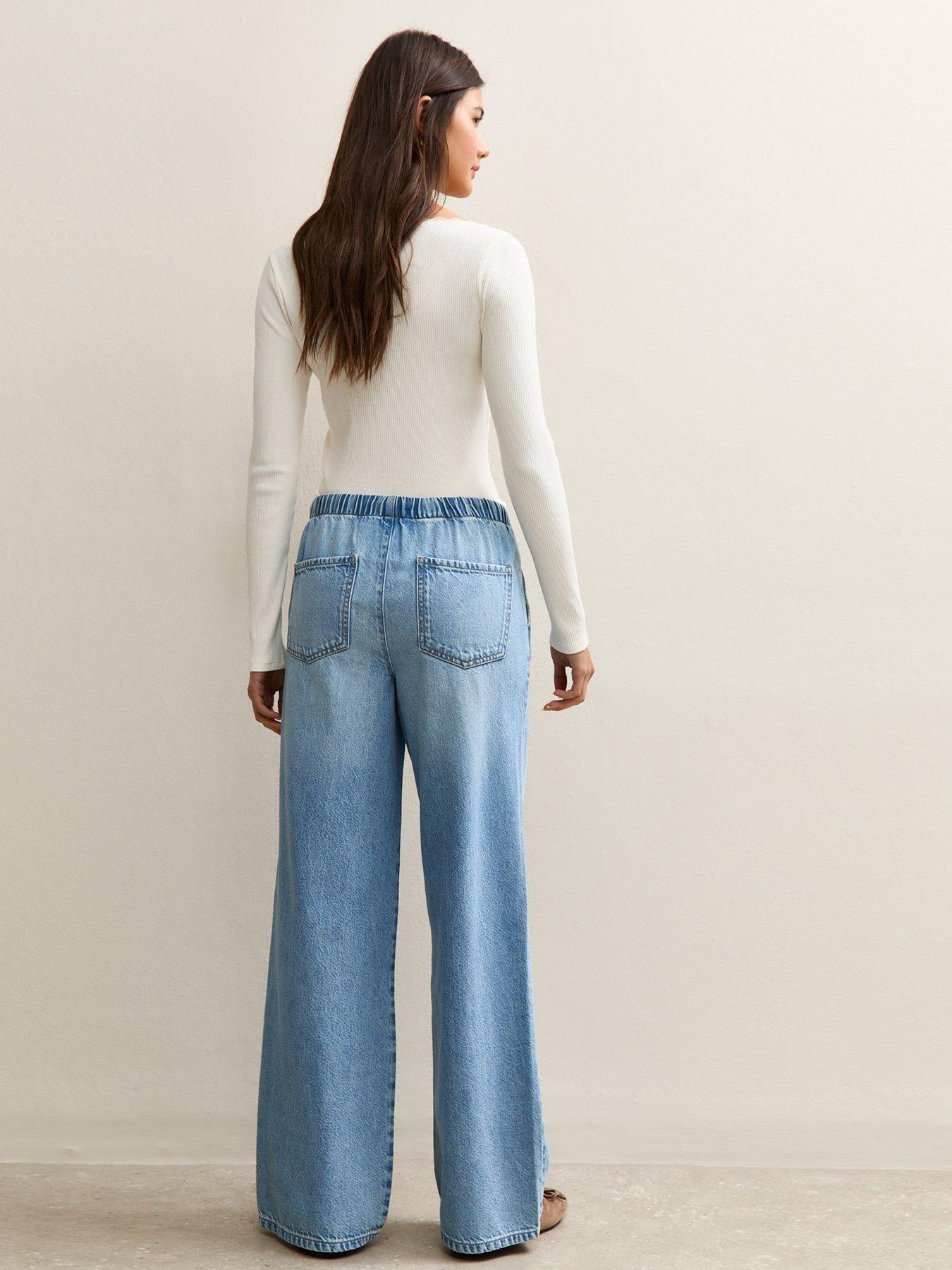 Image 2 of 6 of New Look Denim Wide Leg Drawstring Waist Jeans - Light Blue