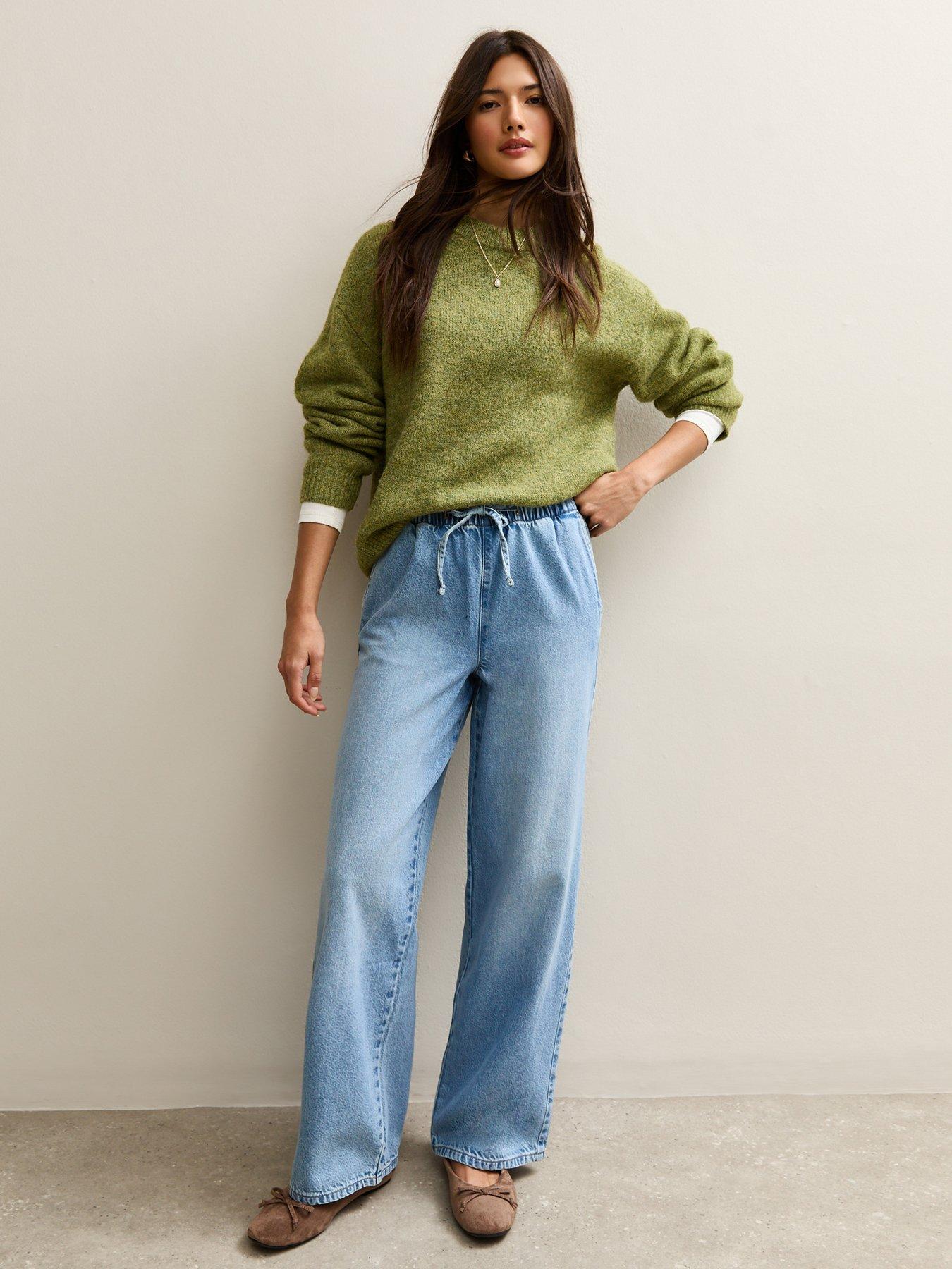 Image 3 of 6 of New Look Denim Wide Leg Drawstring Waist Jeans - Light Blue