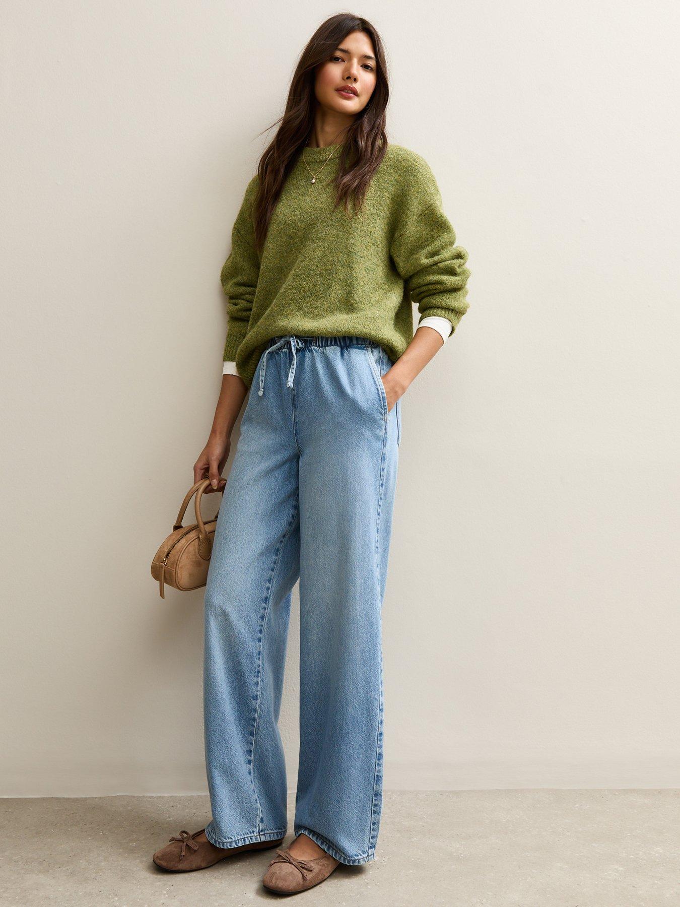 Image 4 of 6 of New Look Denim Wide Leg Drawstring Waist Jeans - Light Blue