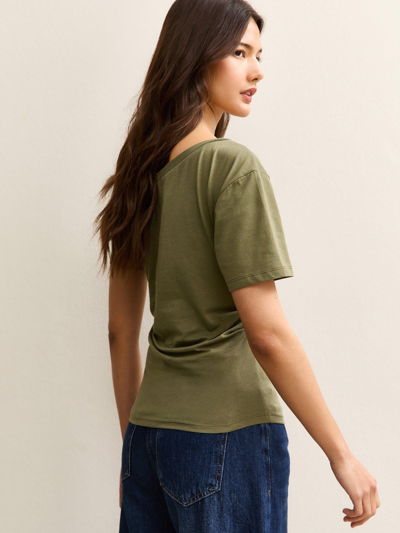 Image 2 of 5 of New Look Light Khaki Off The Shoulder Ruched T-Shirt - Green