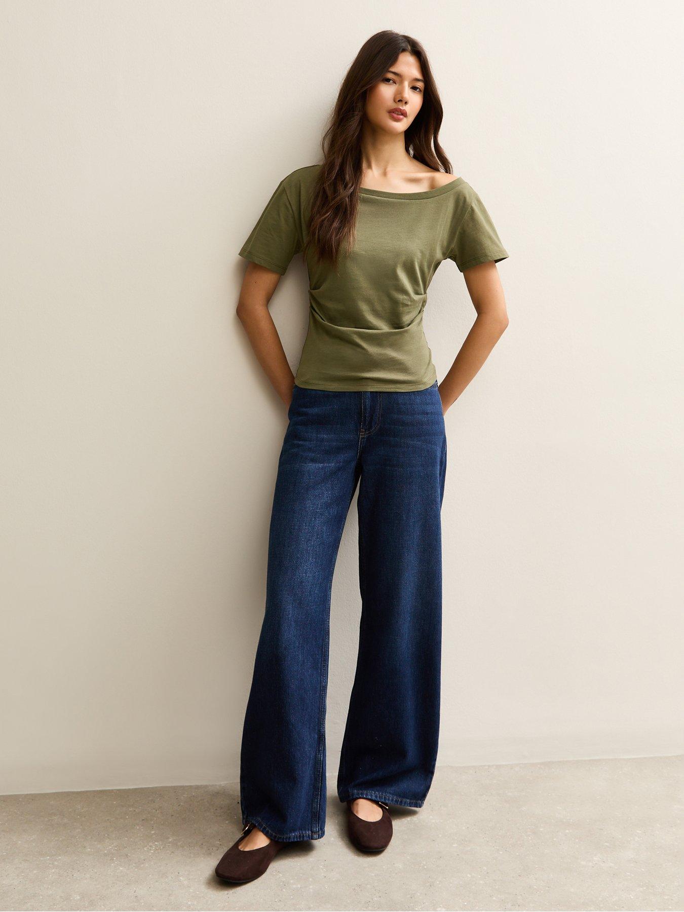 Image 3 of 5 of New Look Light Khaki Off The Shoulder Ruched T-Shirt - Green