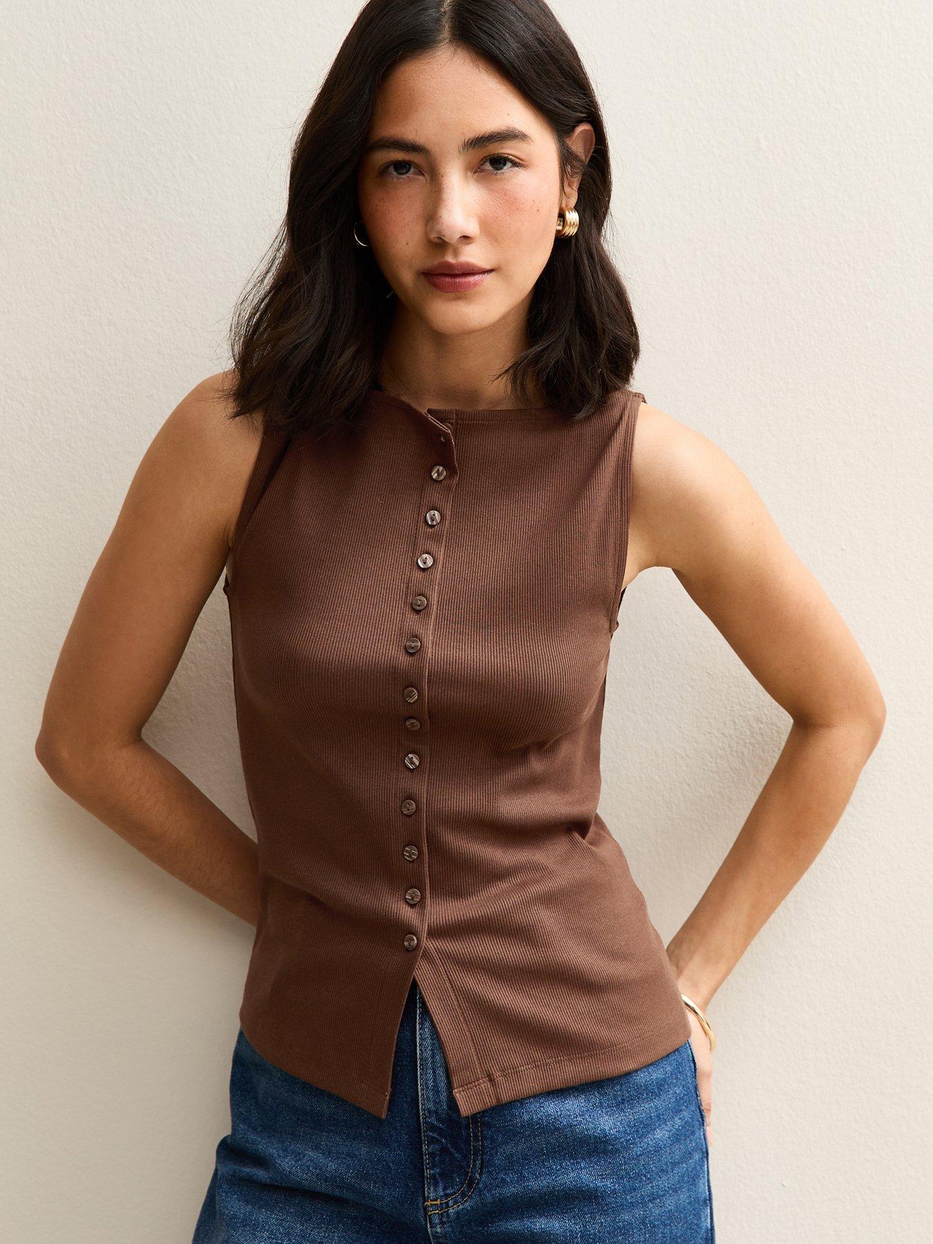 Image 1 of 5 of New Look Button Through Tank Top - Brown
