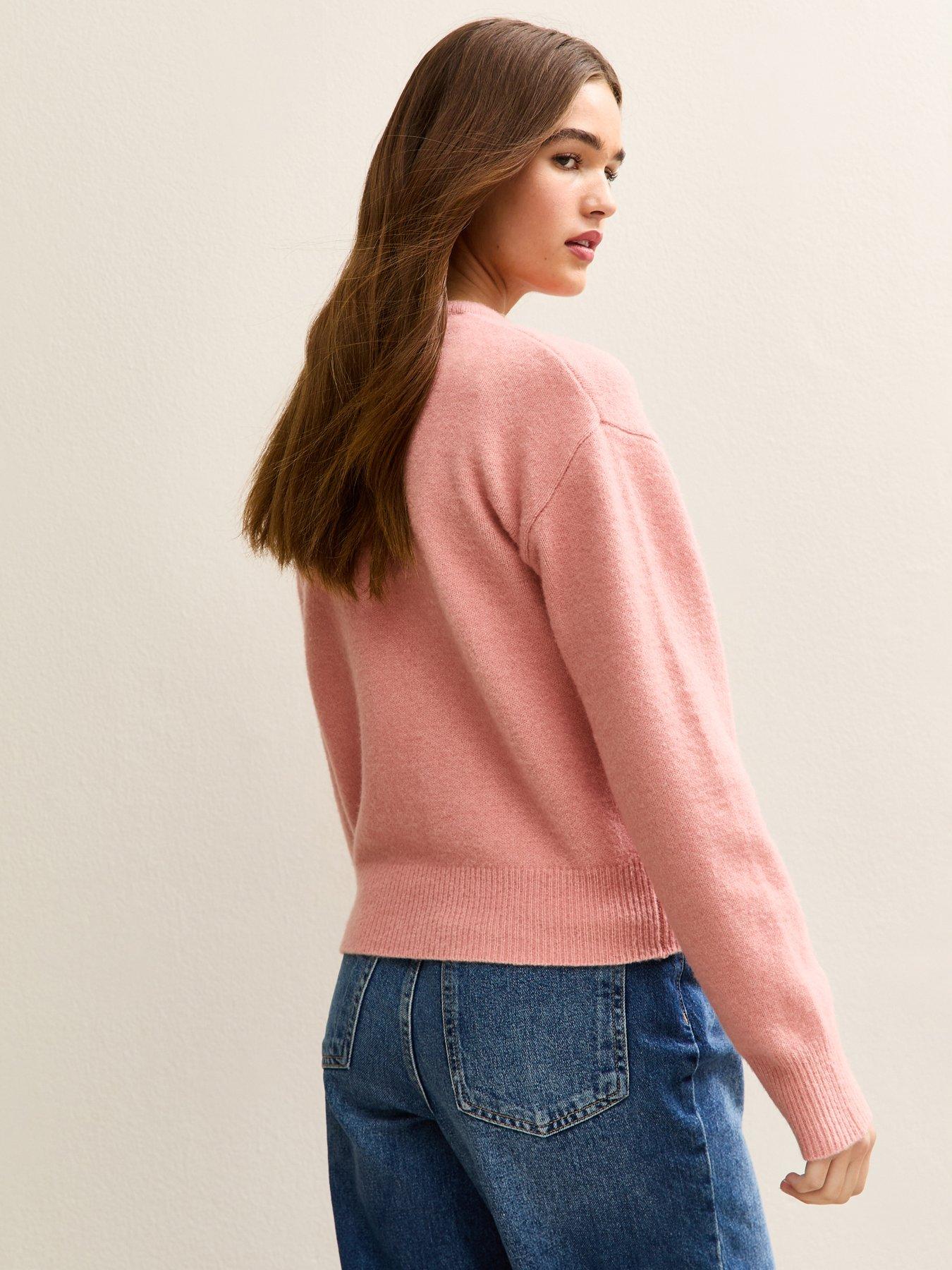 Image 2 of 5 of New Look Lace Trim Crew Neck Cardigan - Pink