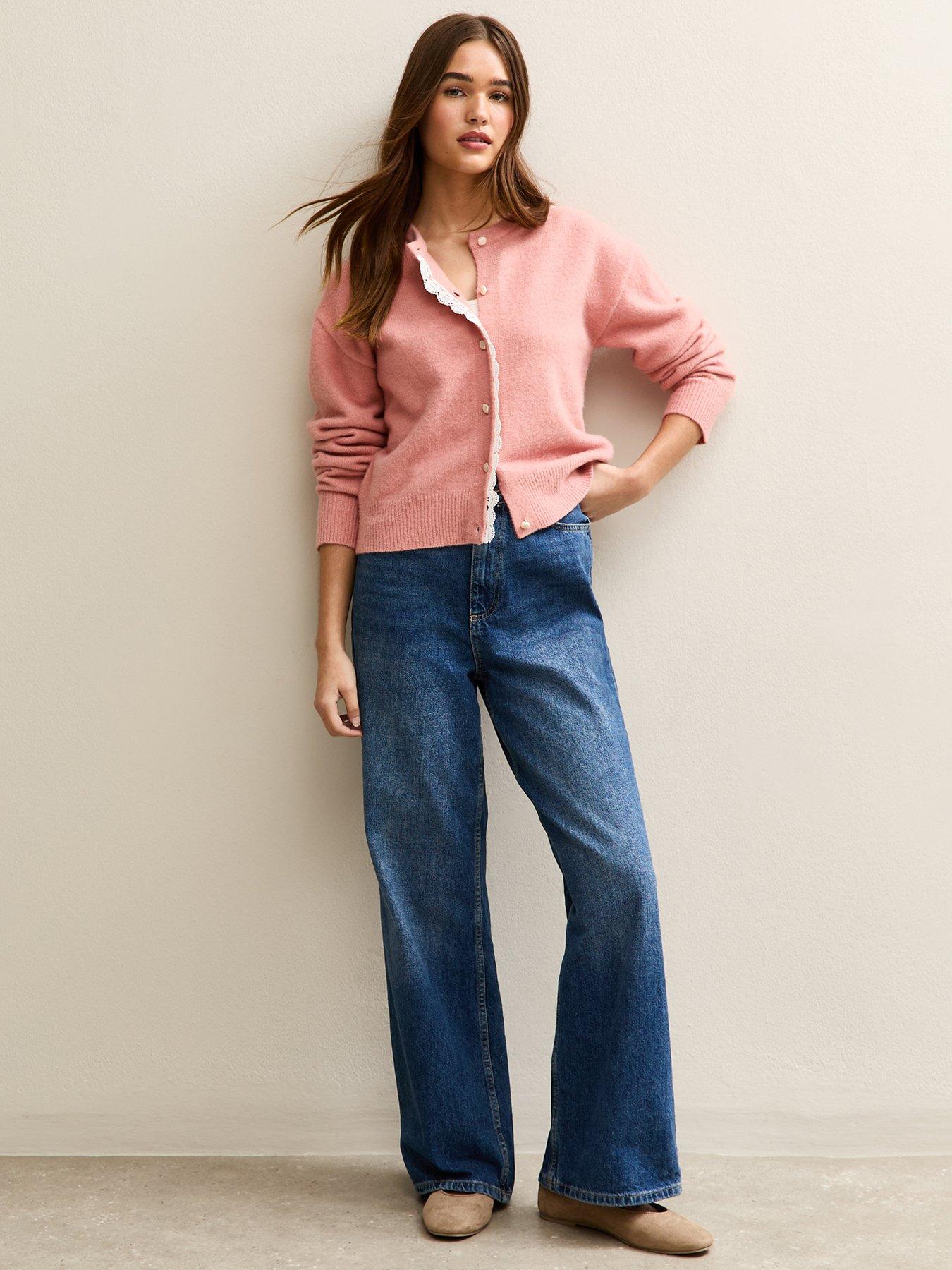 Image 3 of 5 of New Look Lace Trim Crew Neck Cardigan - Pink