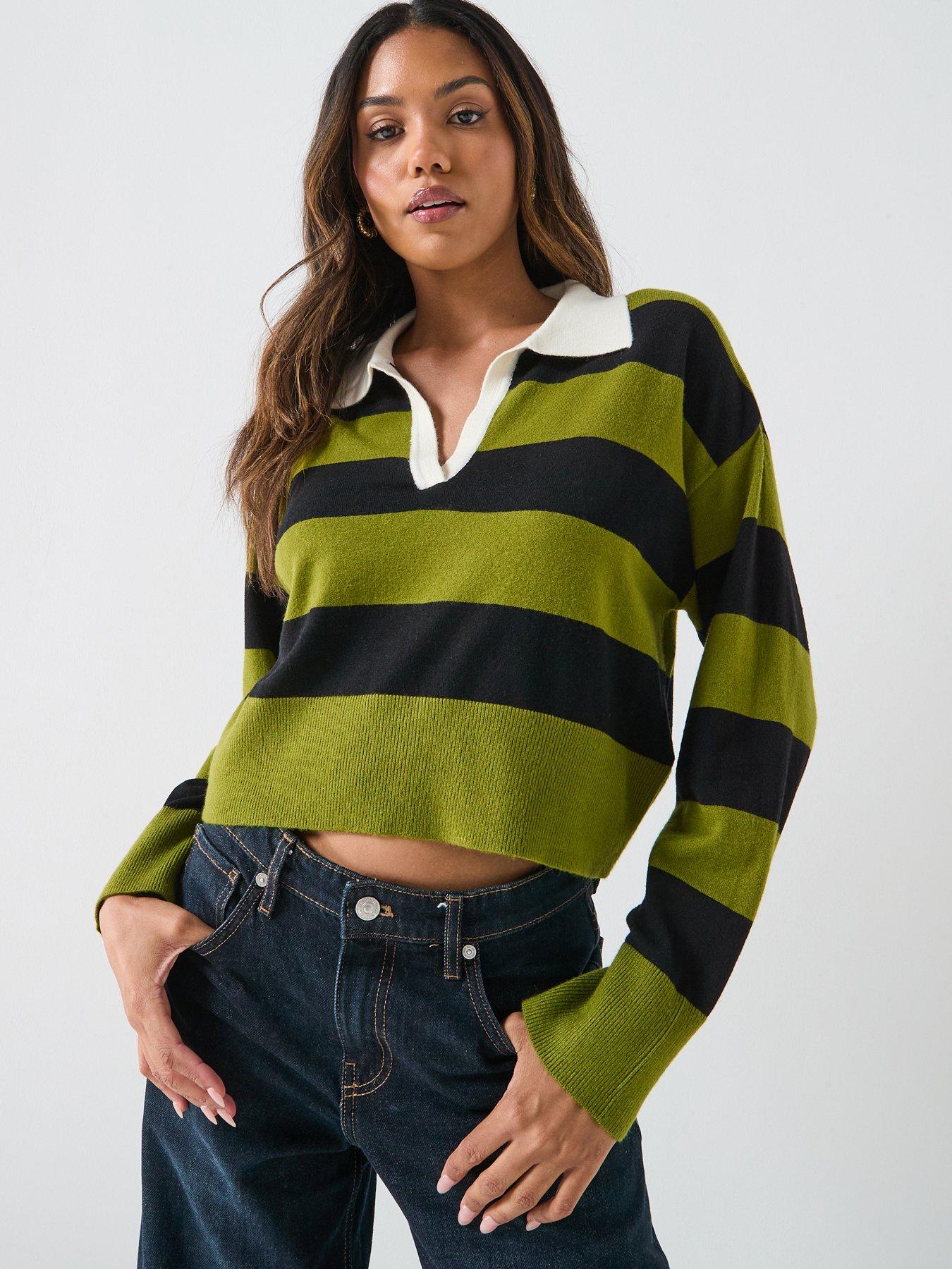 only-long-sleeve-striped-knitted-polo-top-green