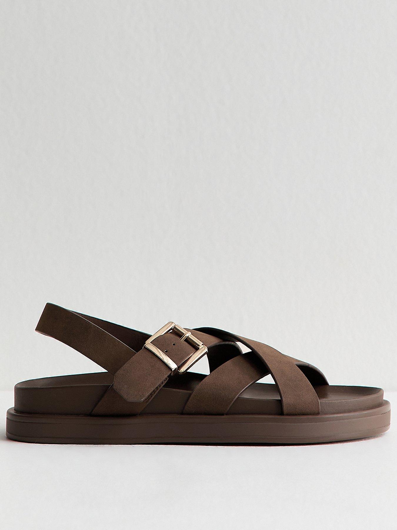 new-look-faux-brushed-leather-multi-strap-chunky-flat-sandals-brownfront