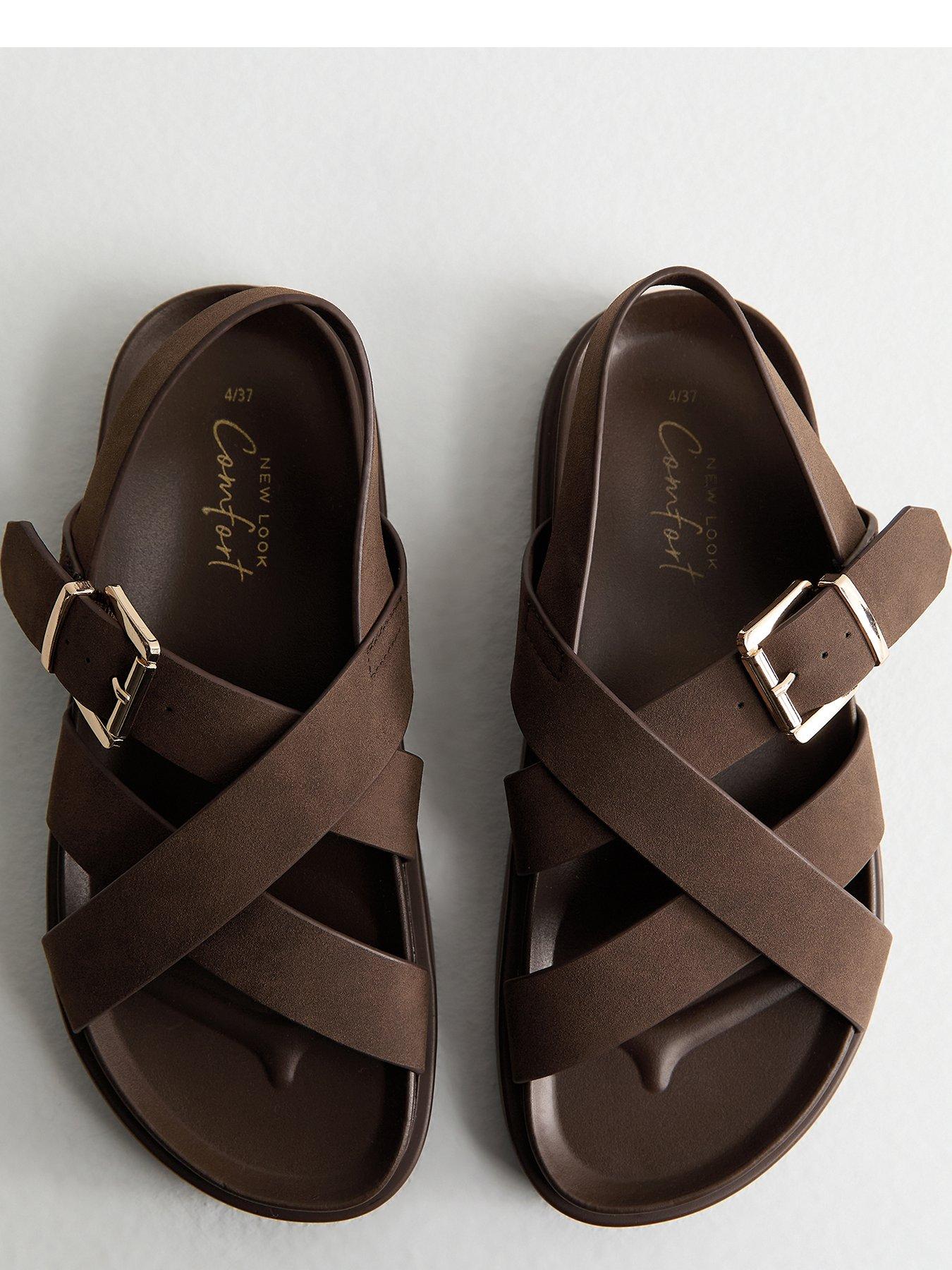 new-look-faux-brushed-leather-multi-strap-chunky-flat-sandals-brownoutfit