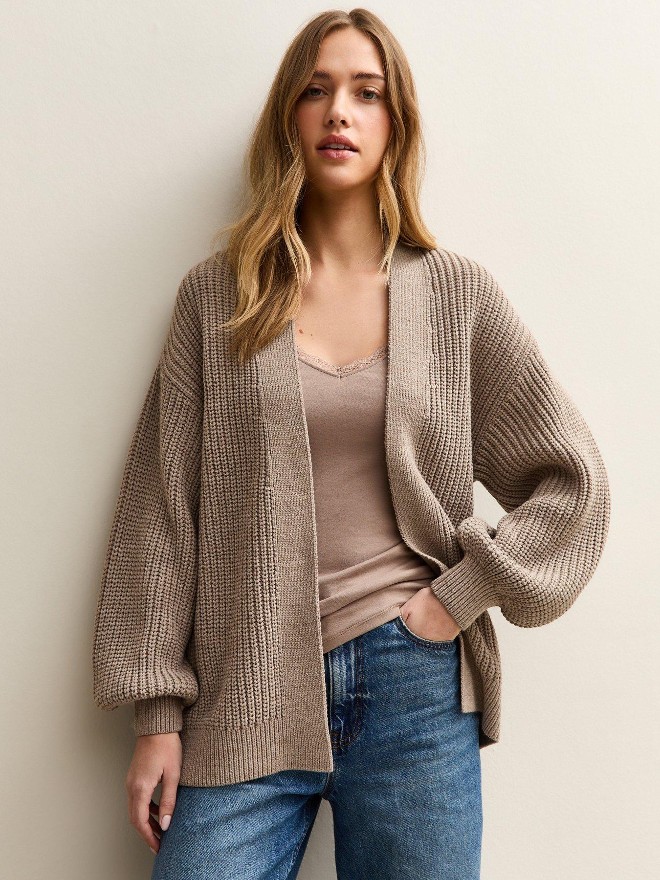 new-look-knitted-balloon-sleeve-cardigan-brownfront