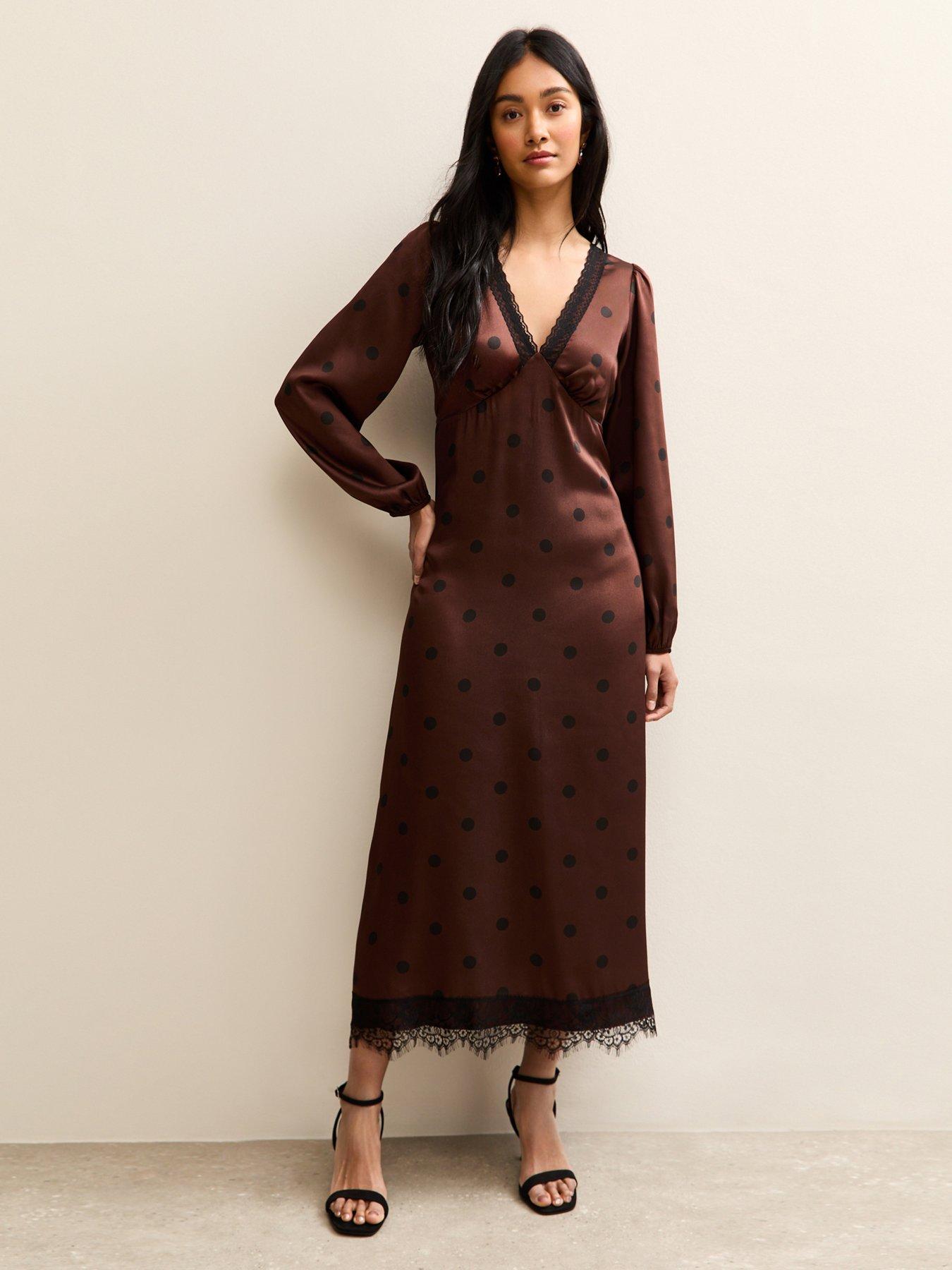 new-look-polka-dot-tea-midi-dress-brown