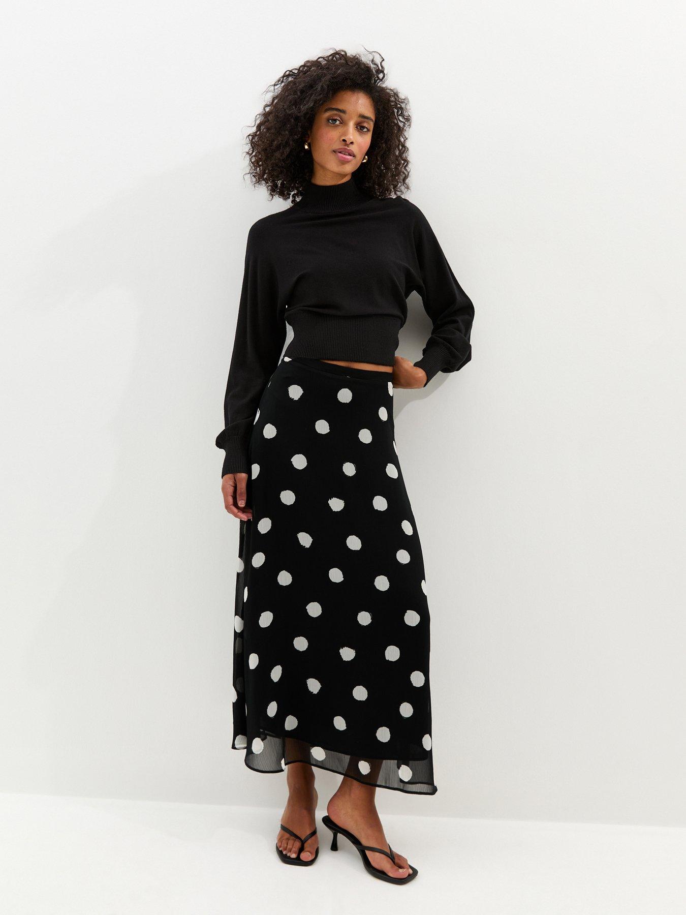 Image 1 of 5 of New Look Chiffon Polka Dot Bias Cut Midi Skirt - Black