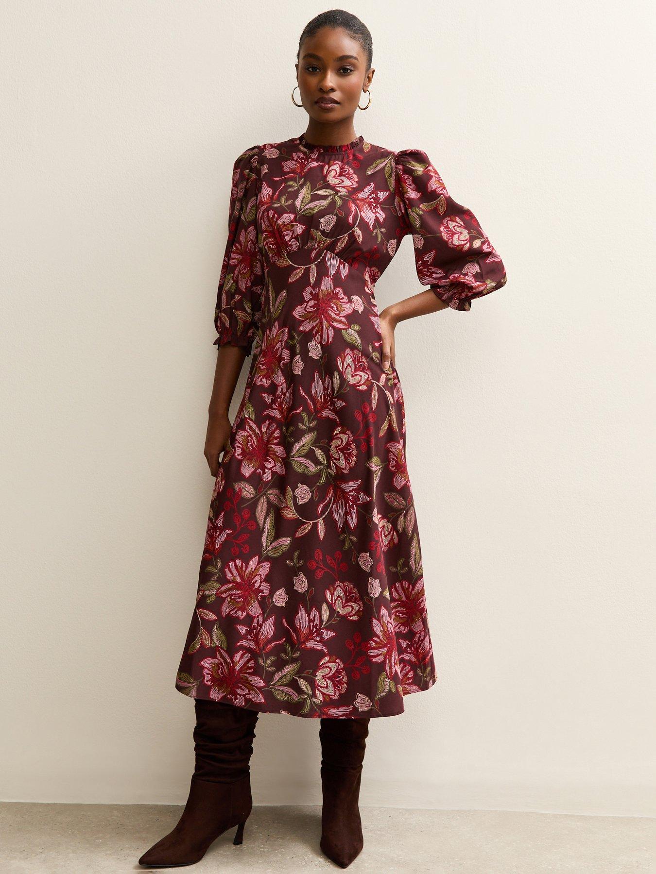 New Look Floral Cropped Sleeve Midi Dress - Purple