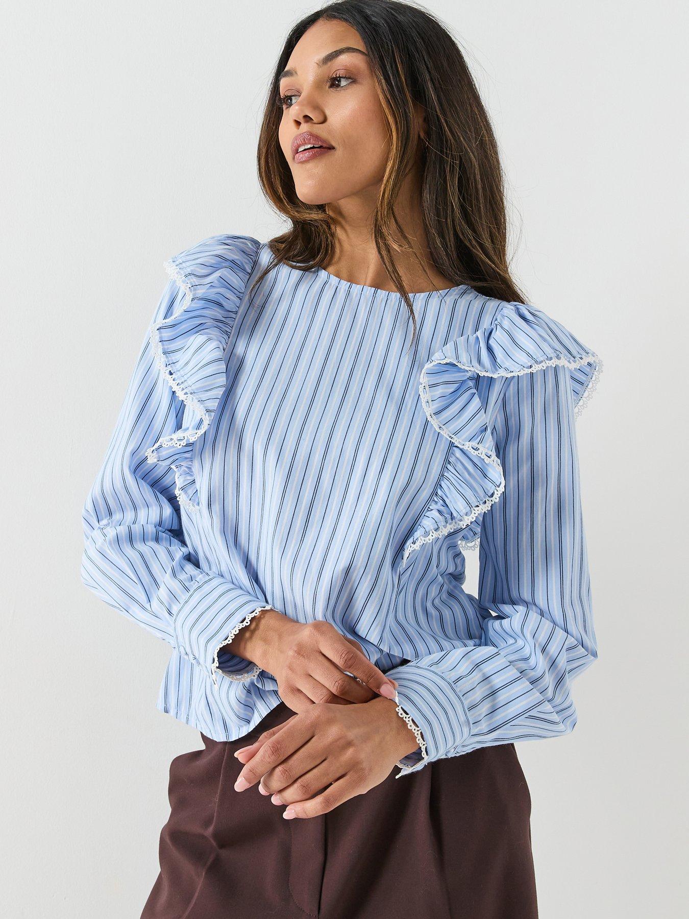 Image 1 of 5 of Vero Moda Striped Long Sleeve Tape Top - Blue
