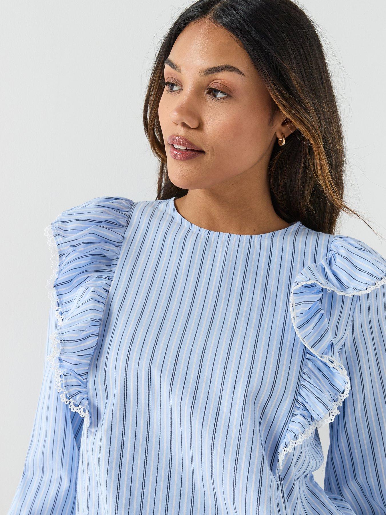 Image 4 of 5 of Vero Moda Striped Long Sleeve Tape Top - Blue