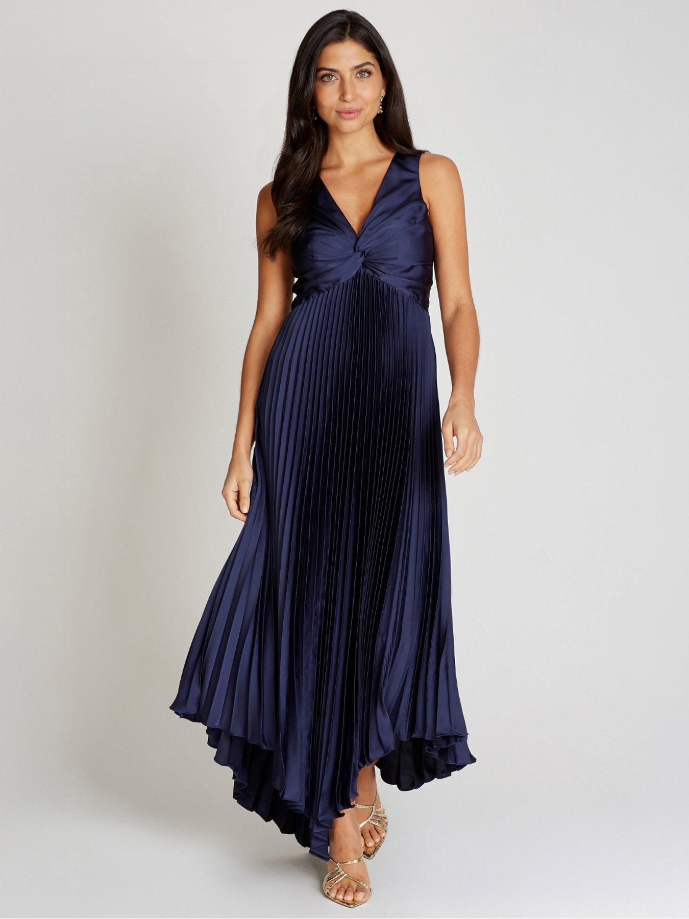 Little Mistress Satin Pleated Midaxi Dress - Navy
