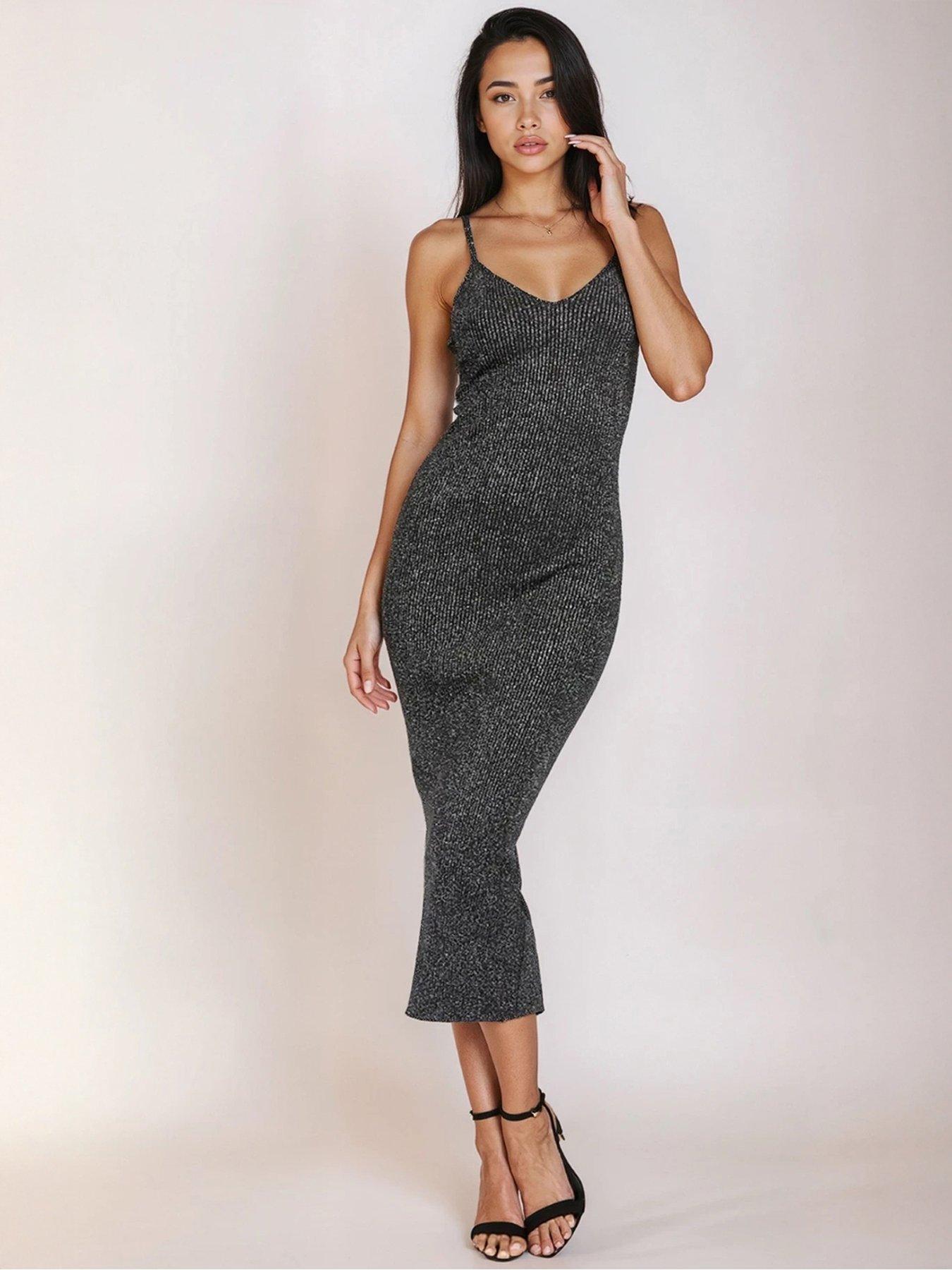 Little Mistress Metallic Knit Ribbed Midi Dress - Black