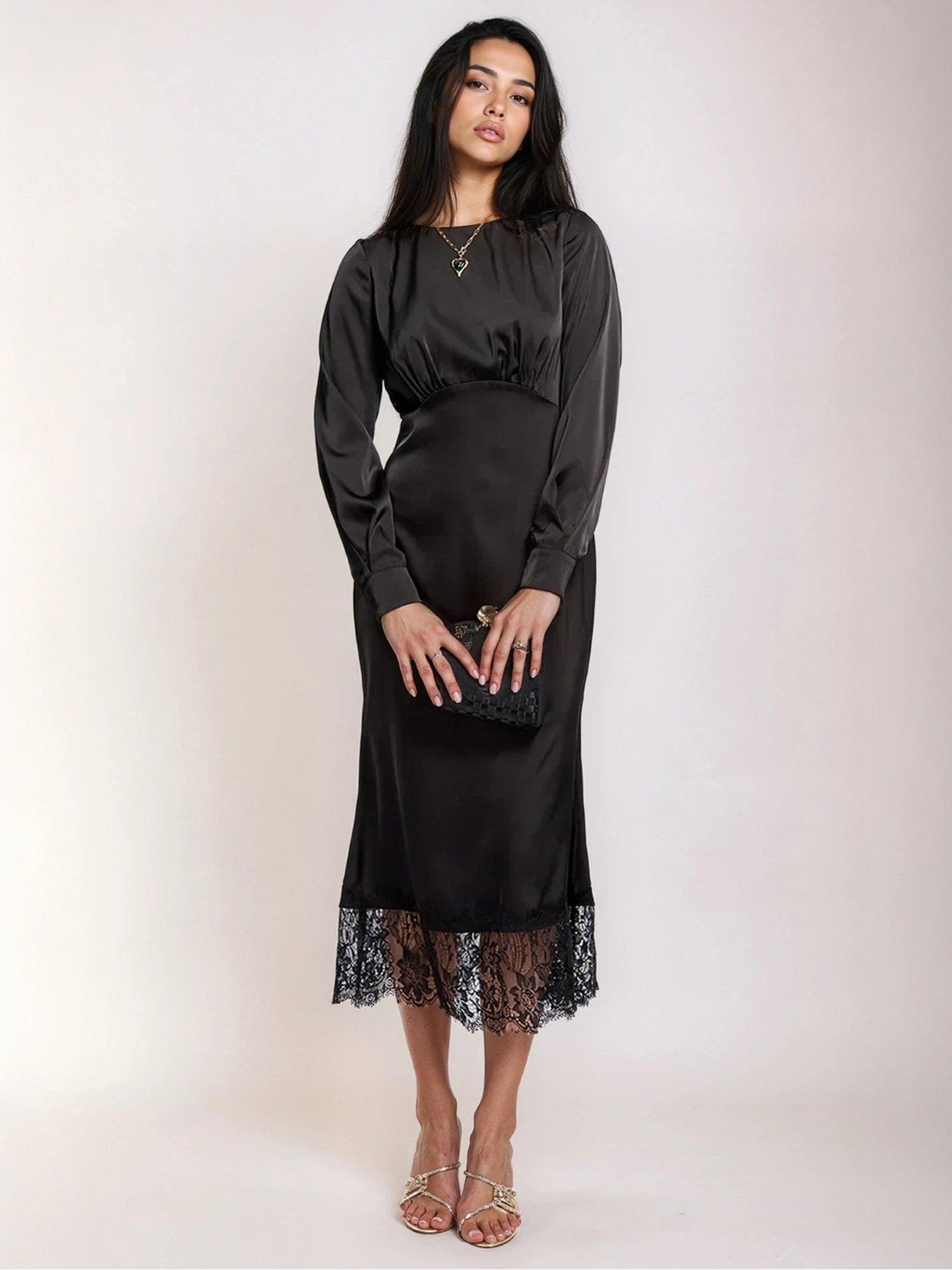 Little Mistress Satin And Lace Midaxi Dress - Black