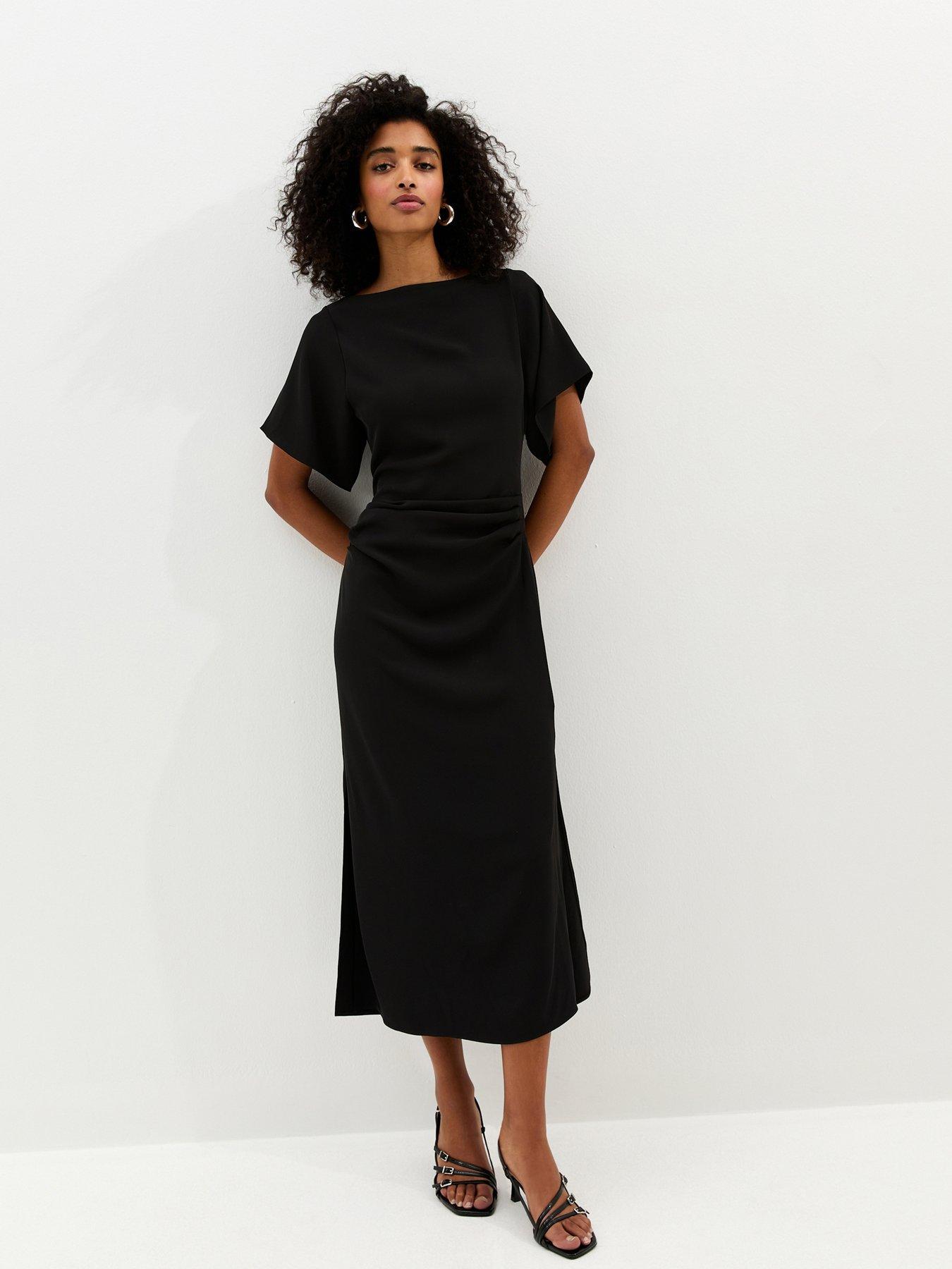Image 1 of 5 of New Look Ruched Waist Short Sleeve Midi Dress - Black