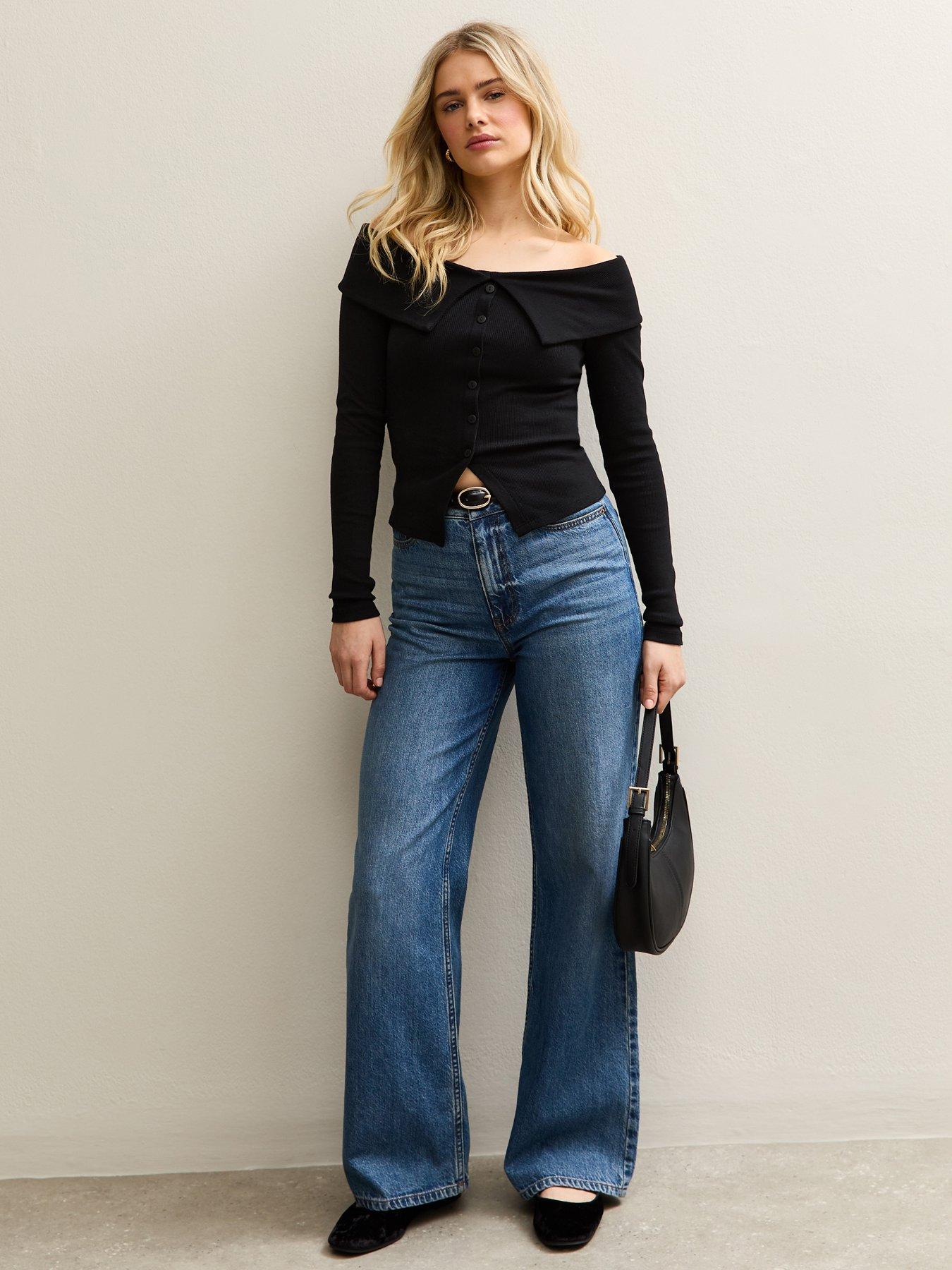 new-look-folded-bardot-neck-button-up-top-blackback