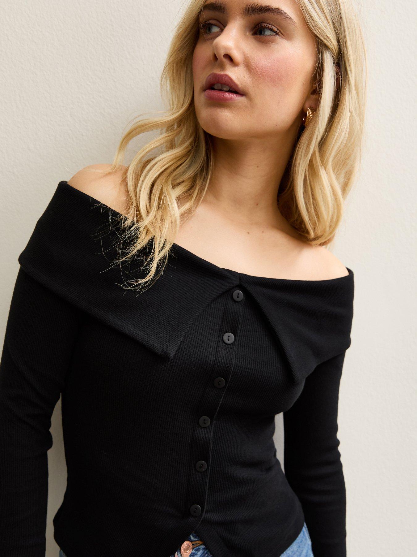 new-look-folded-bardot-neck-button-up-top-blackoutfit