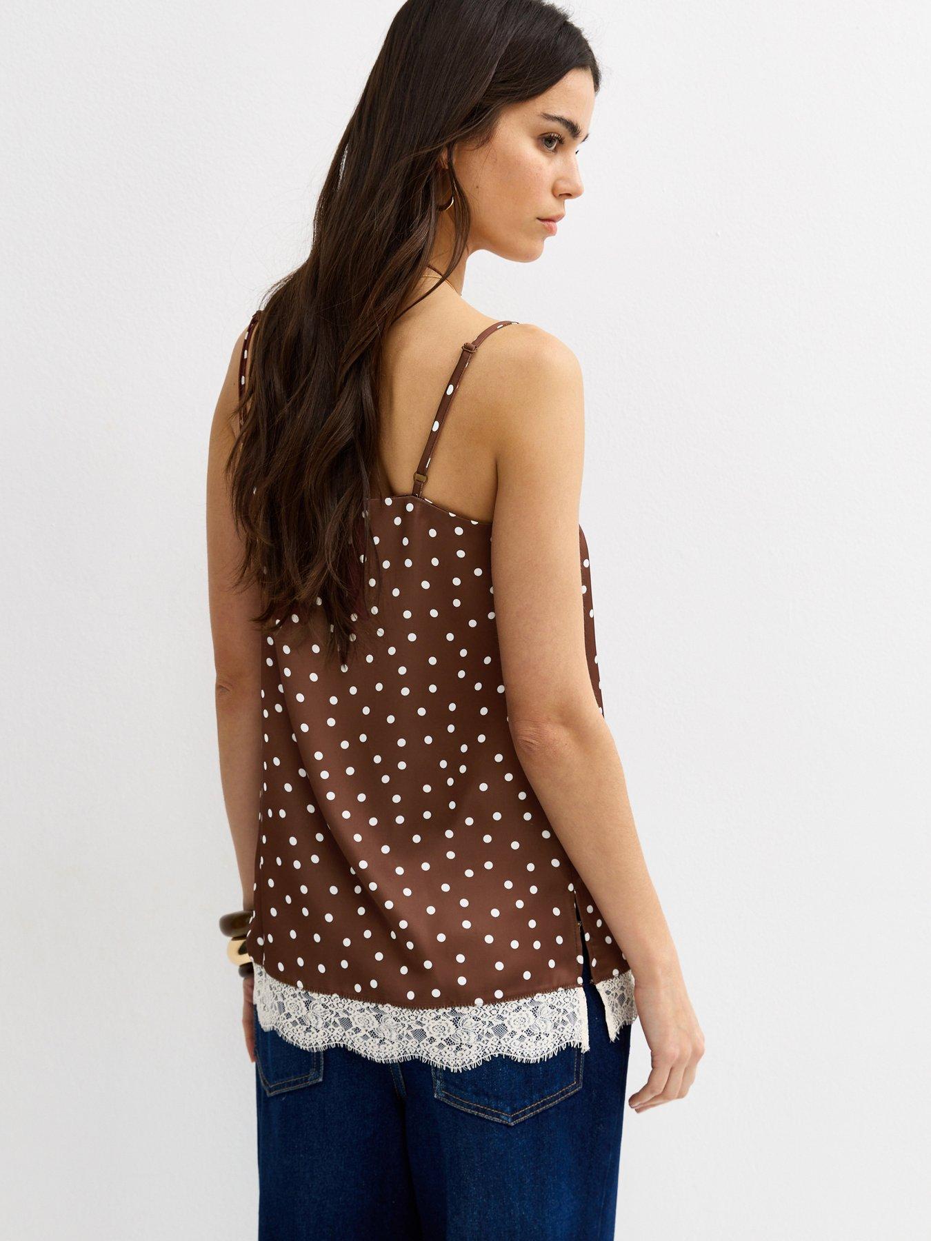 Image 2 of 5 of New Look Satin Polka Dot Lace Hem Cami Top - Brown