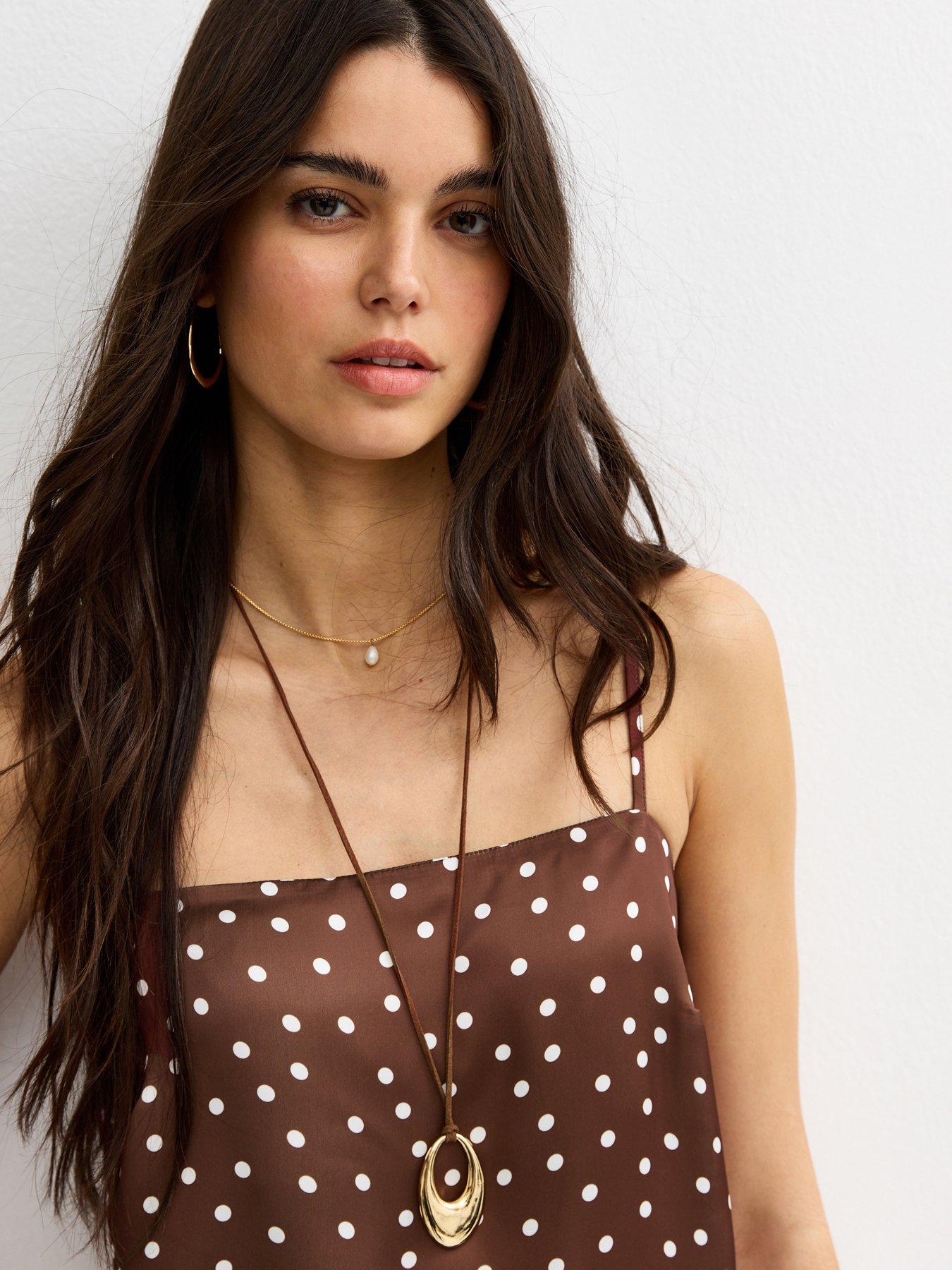 Image 4 of 5 of New Look Satin Polka Dot Lace Hem Cami Top - Brown