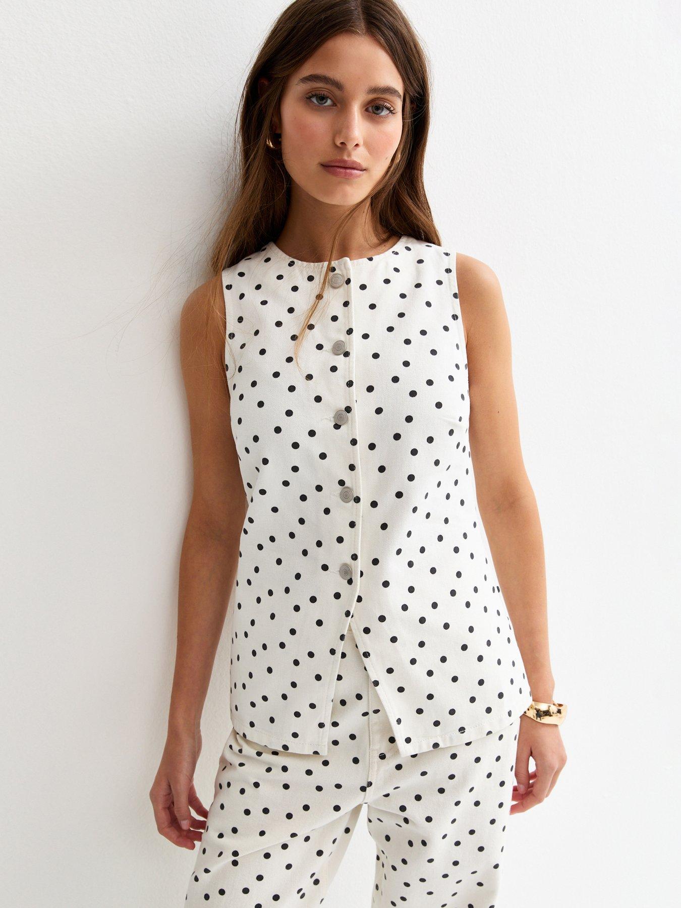 Image 1 of 5 of New Look White Denim Polka Dot Longline Waistcoat
