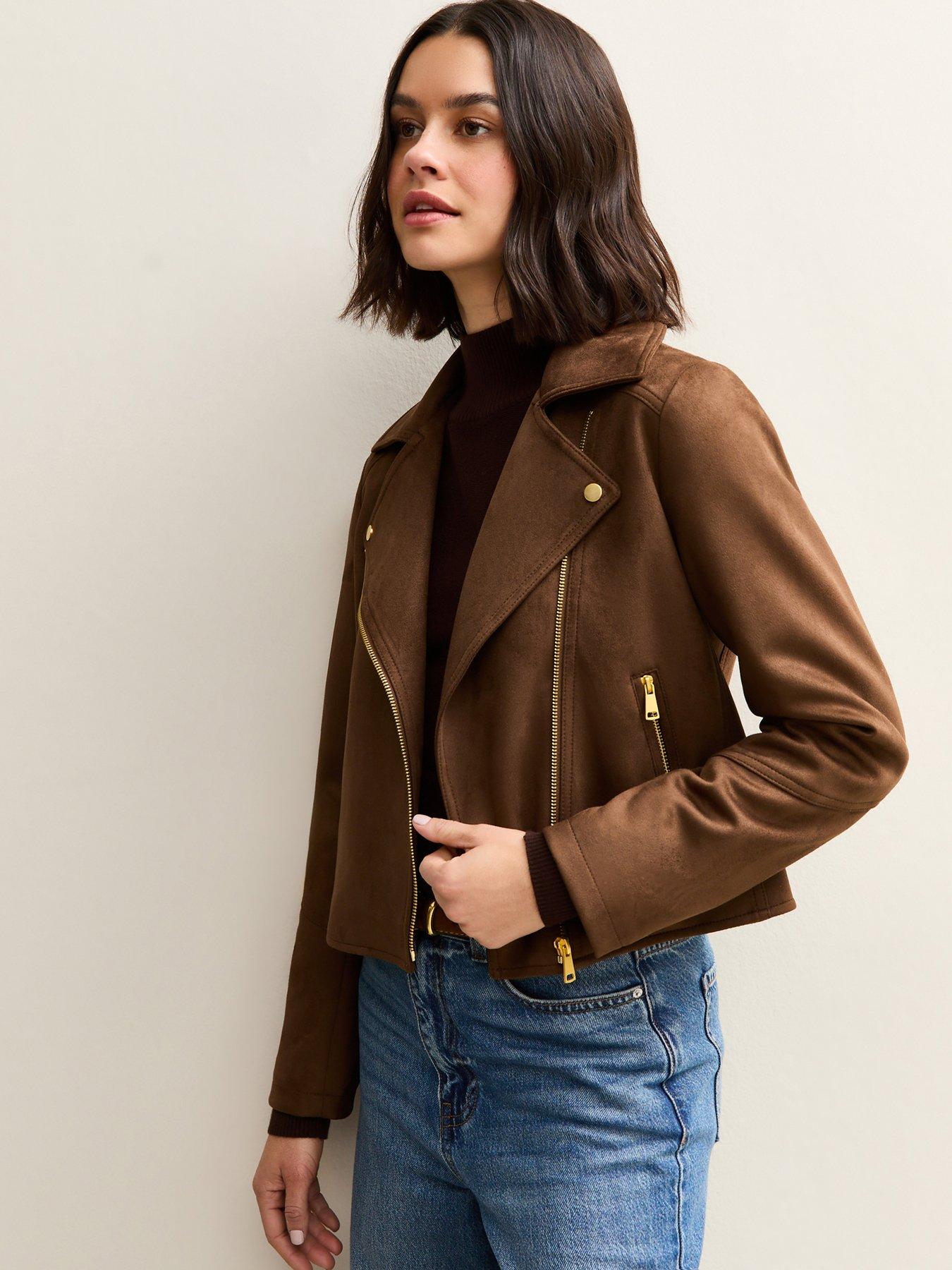 Image 1 of 6 of New Look Faux Suede Biker Jacket - Mid Brown