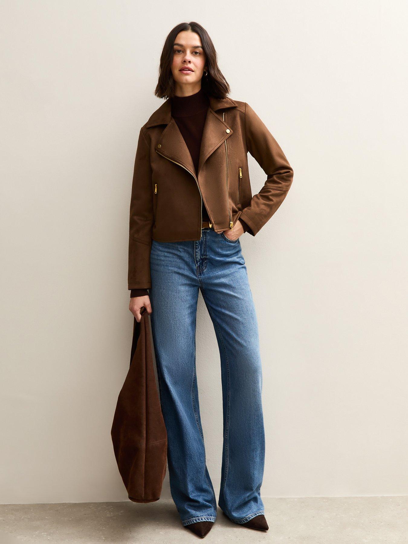 Image 3 of 6 of New Look Faux Suede Biker Jacket - Mid Brown