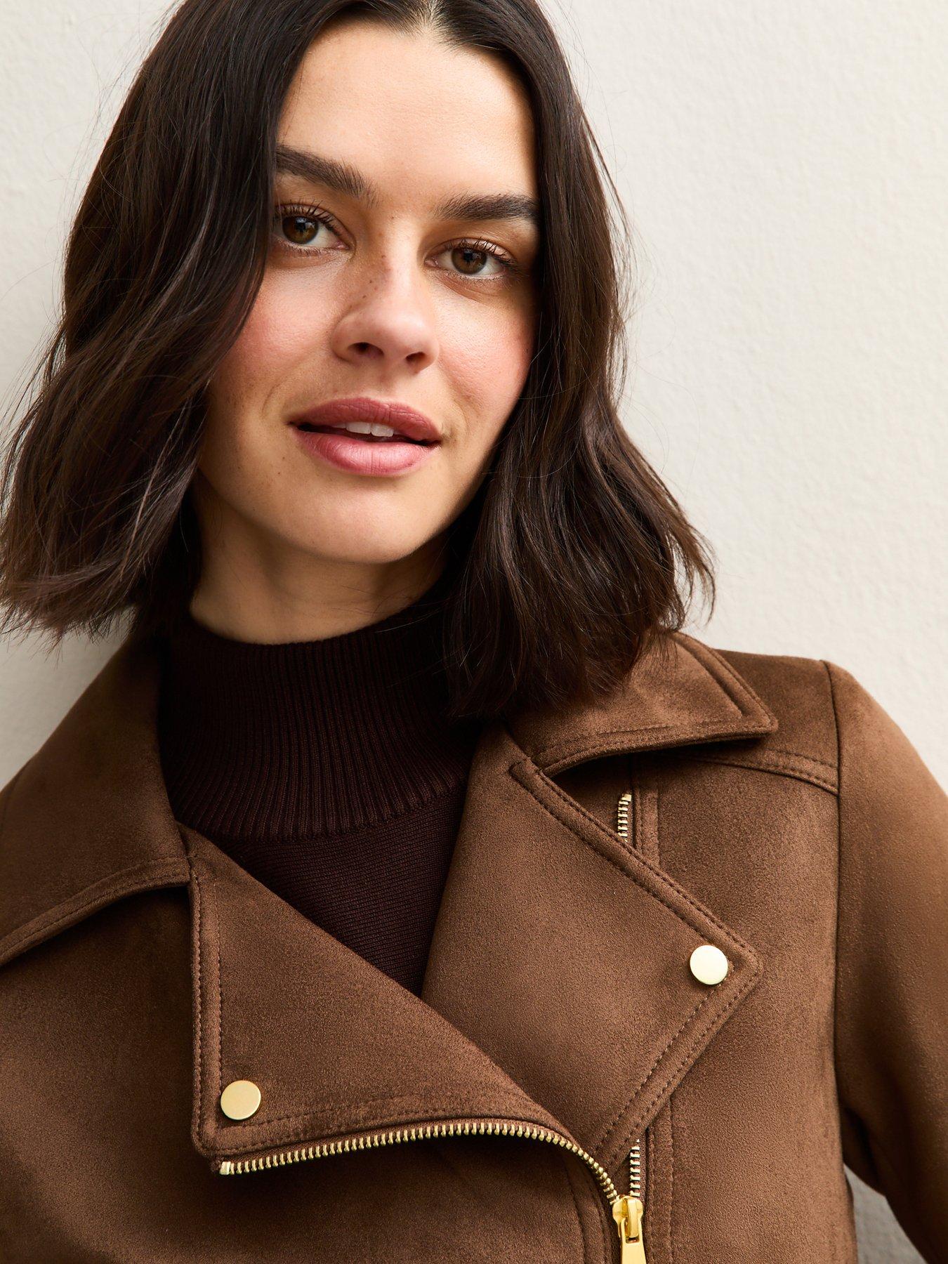 Image 4 of 6 of New Look Faux Suede Biker Jacket - Mid Brown