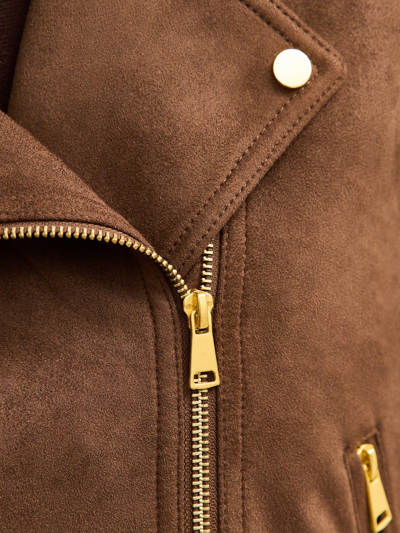 Image 6 of 6 of New Look Faux Suede Biker Jacket - Mid Brown