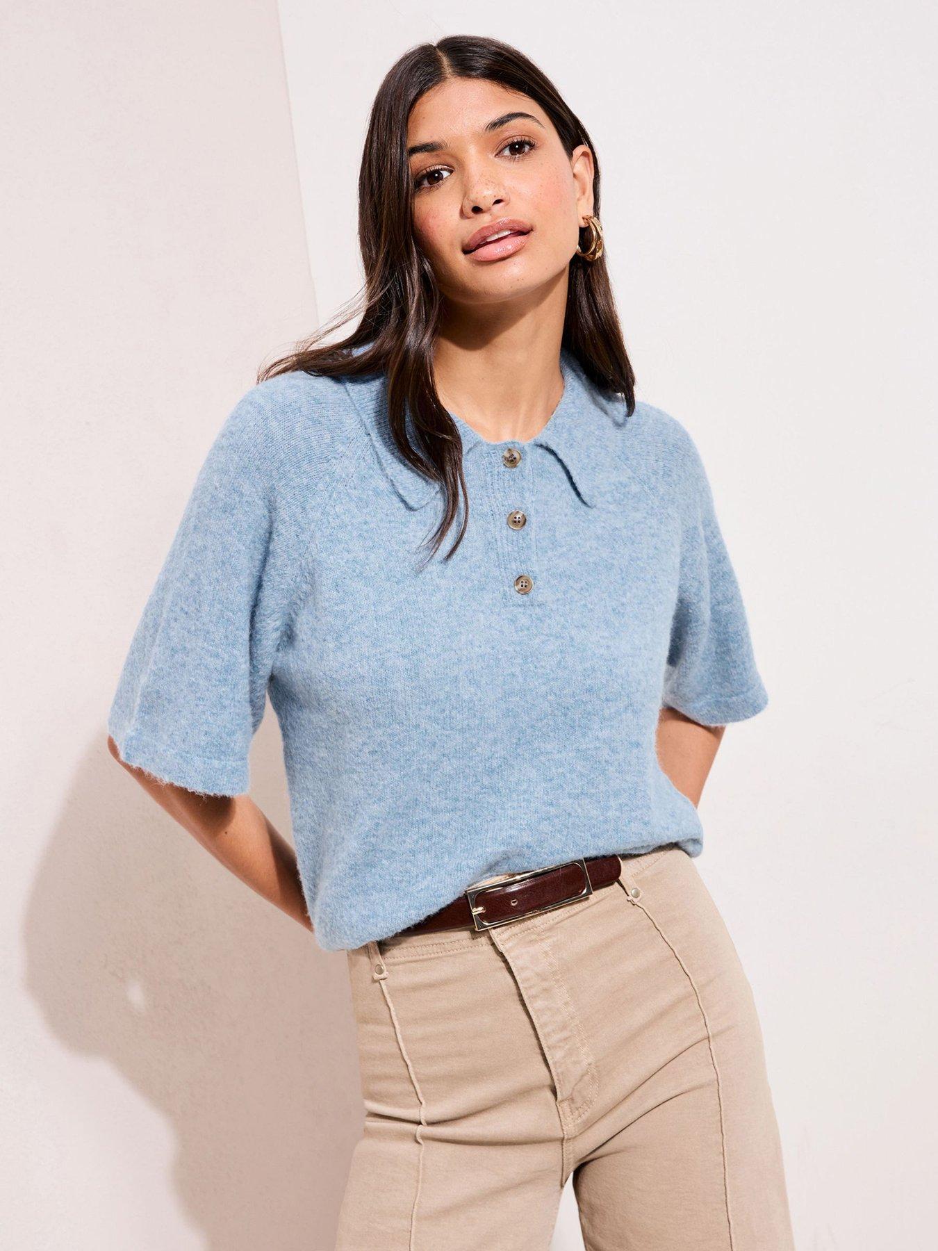 Friends Like These Short Sleeve Collar Detail Knitted Jumper - Blue