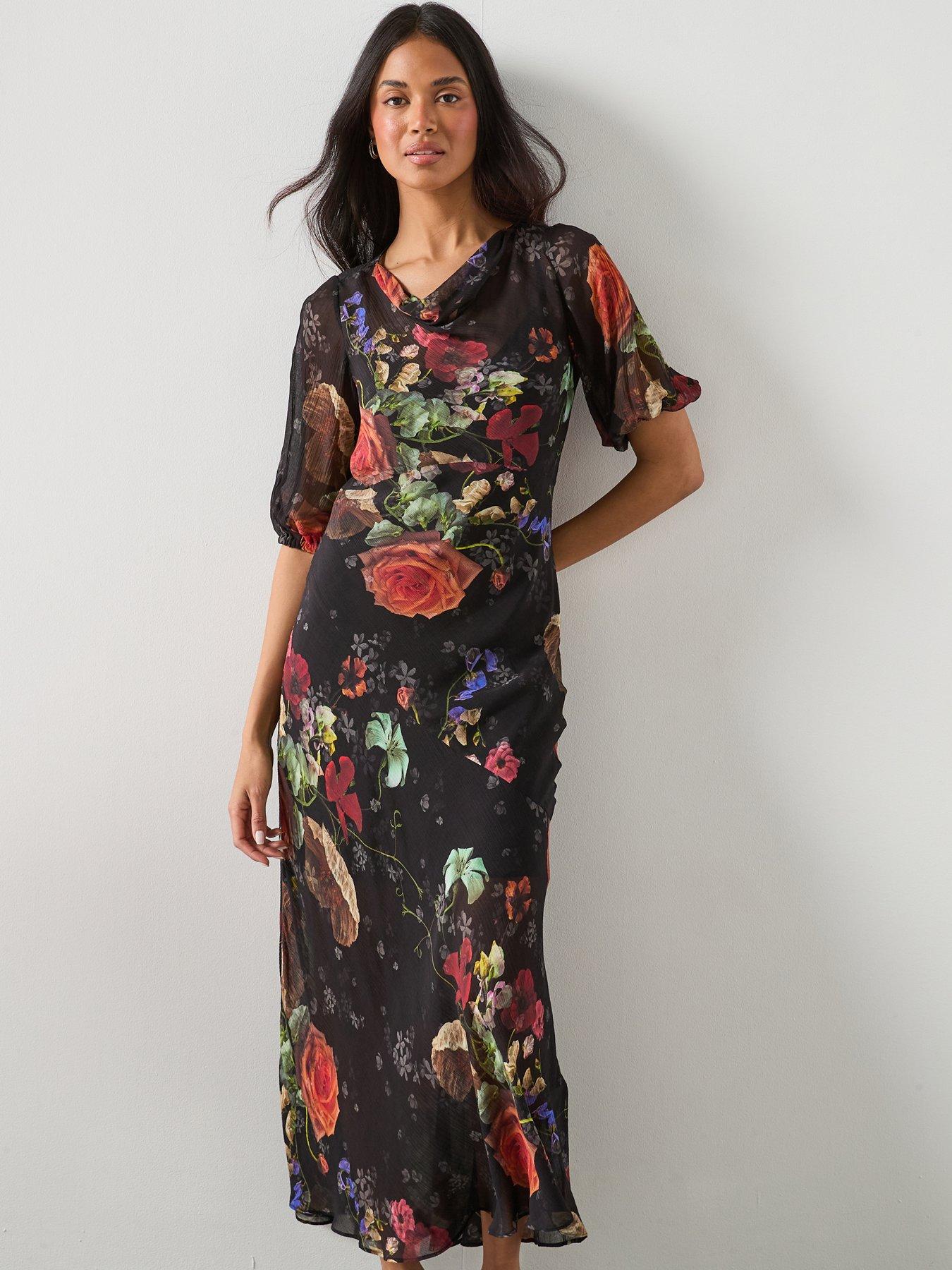 AllSaints Tiwa Silk Mix Floral Midaxi Dress - Haze Black
