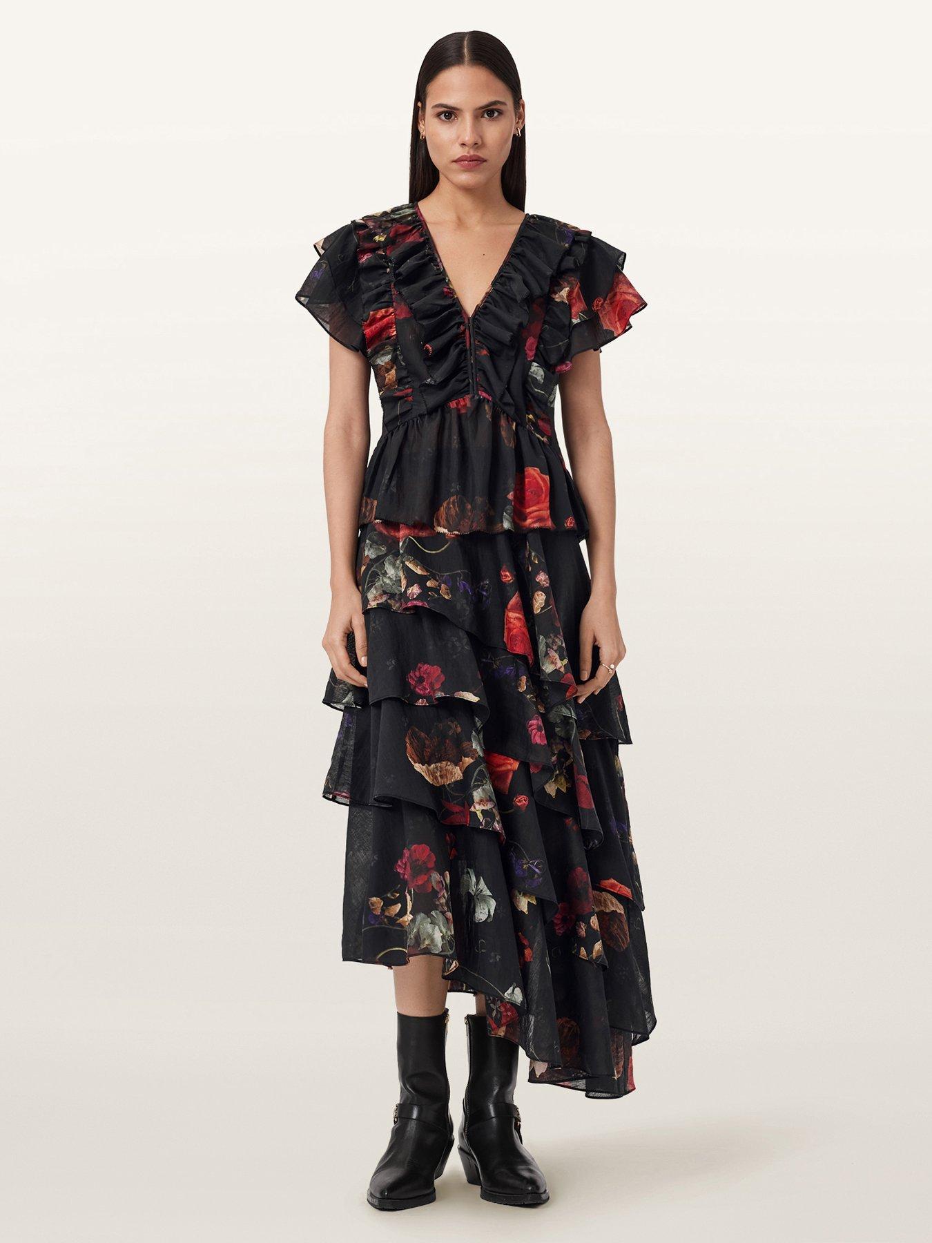 AllSaints Alma Floral Print Short Sleeve Top - Haze Black
