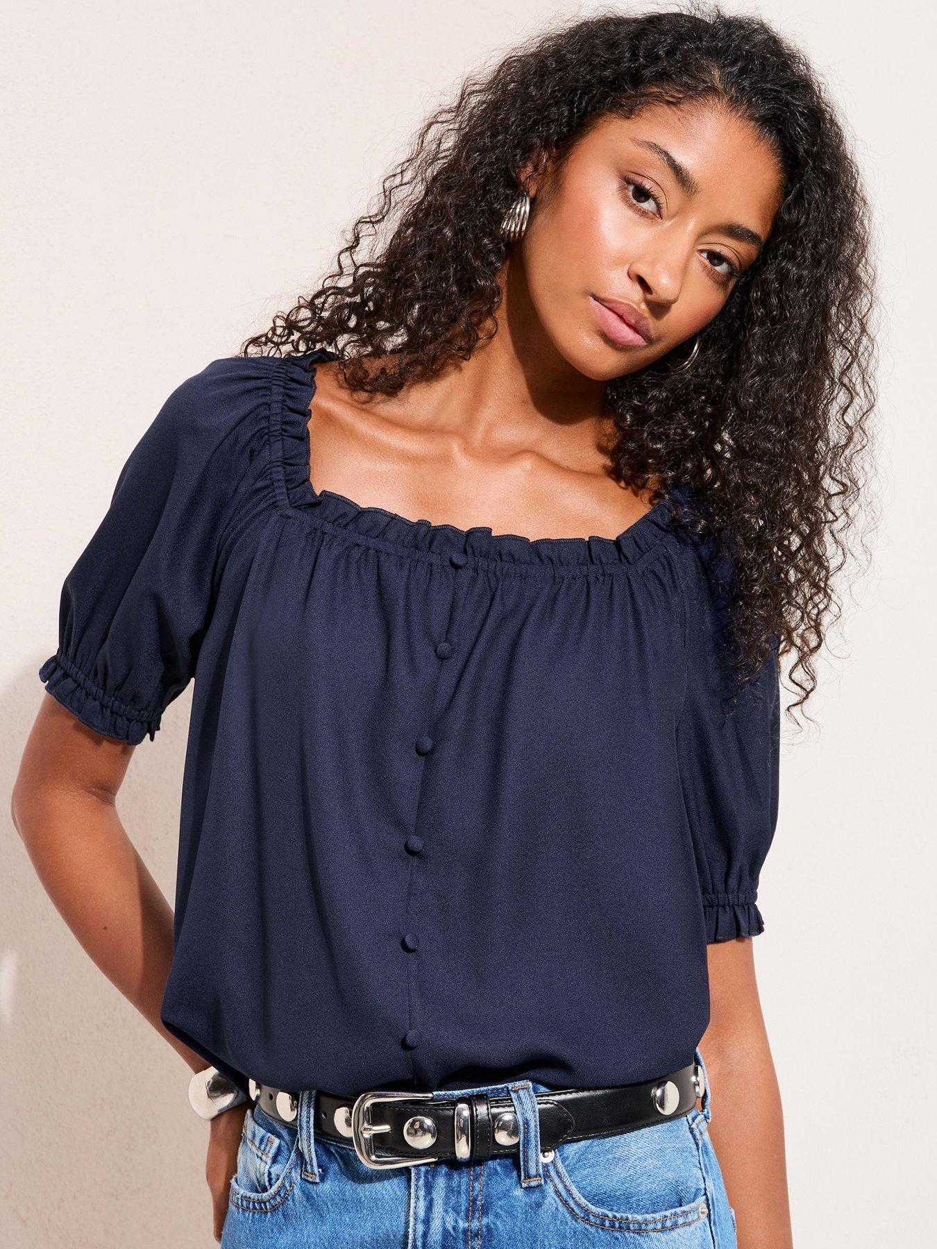 Image 1 of 4 of Friends Like These Short Sleeve Button Front Blouse - Navy