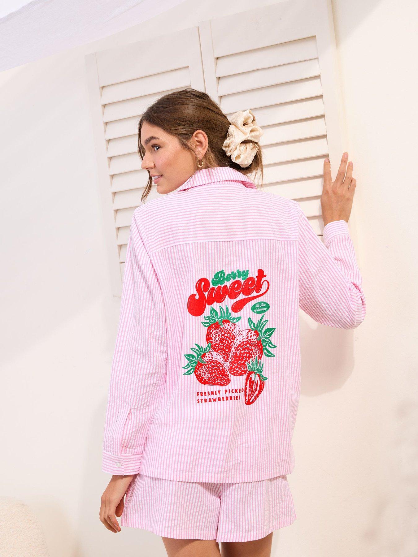 Image 2 of 5 of Friends Like These Strawberry Woven Stripe Short &amp; Shirt Set - Pink