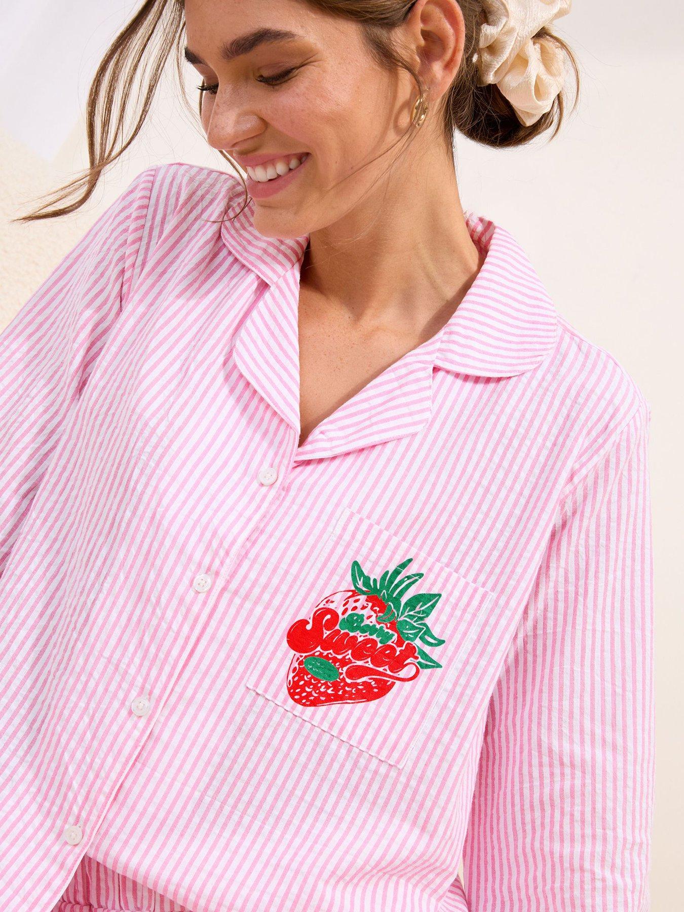 Image 4 of 5 of Friends Like These Strawberry Woven Stripe Short &amp; Shirt Set - Pink