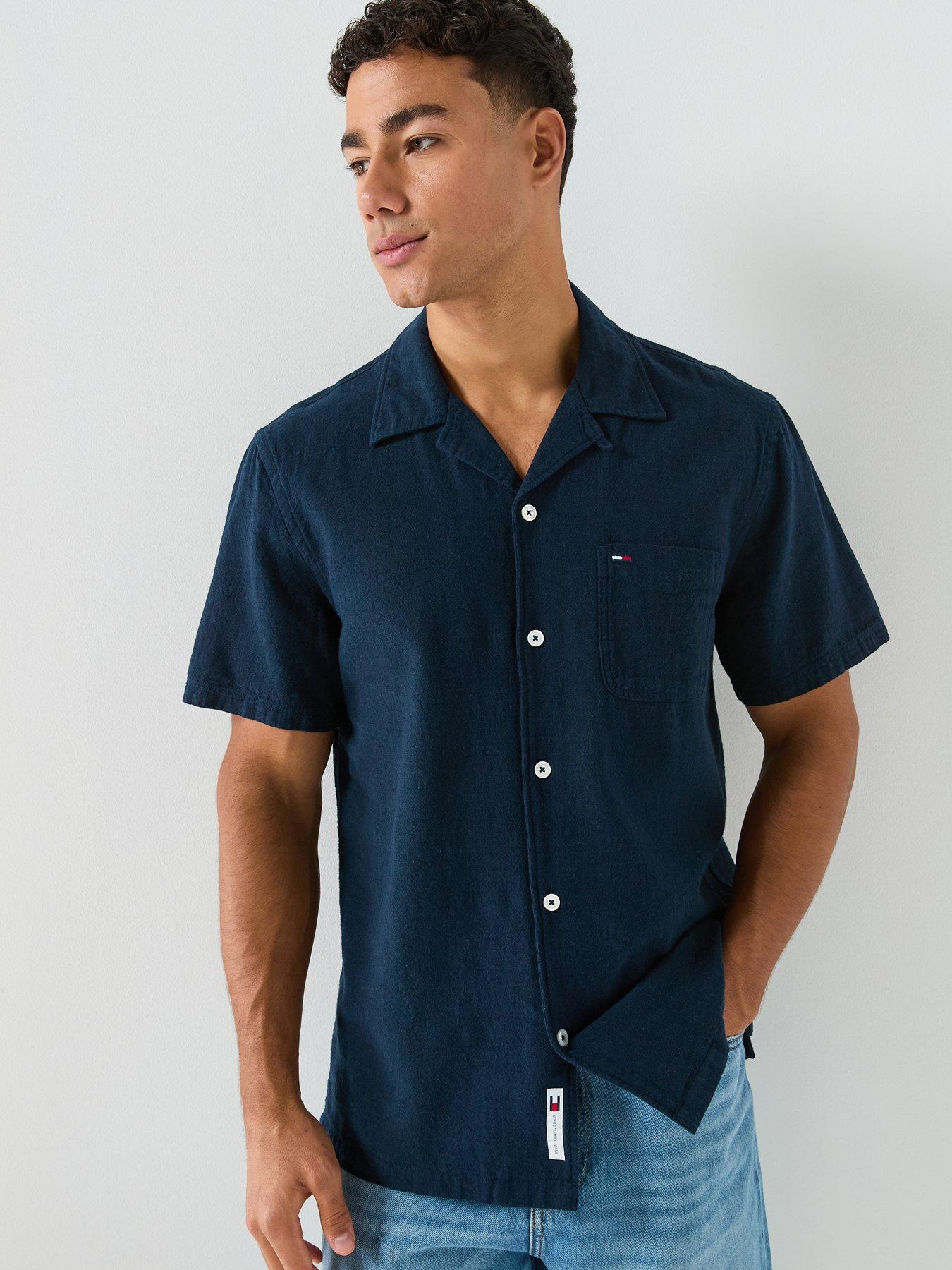Image 1 of 5 of Tommy Jeans Linen Blend Short Sleeve Shirt - Navy
