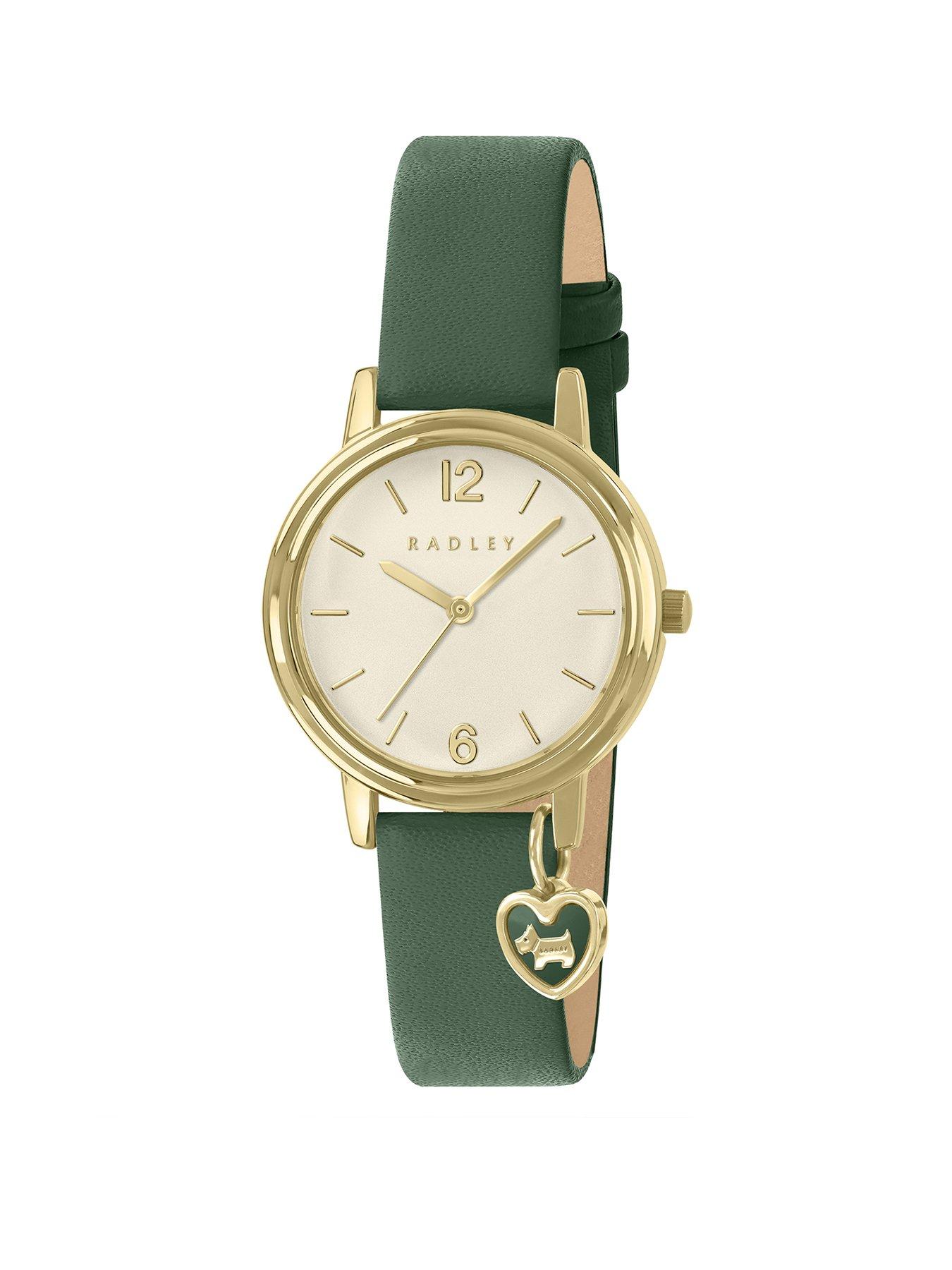 Radley Gold Plated Case Heart Charm Hunter Green Leather Strap Watch