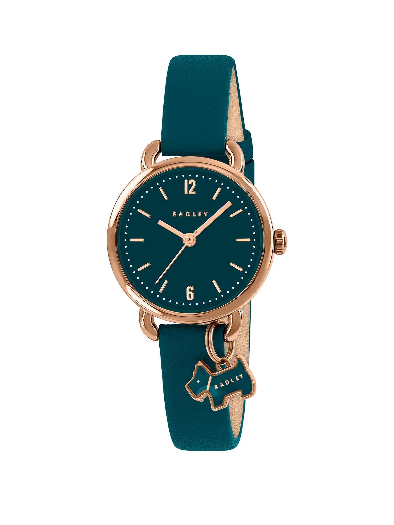 Radley Rose Gold Plated Case Dog Heart Charm Teal Leather Strap Watch