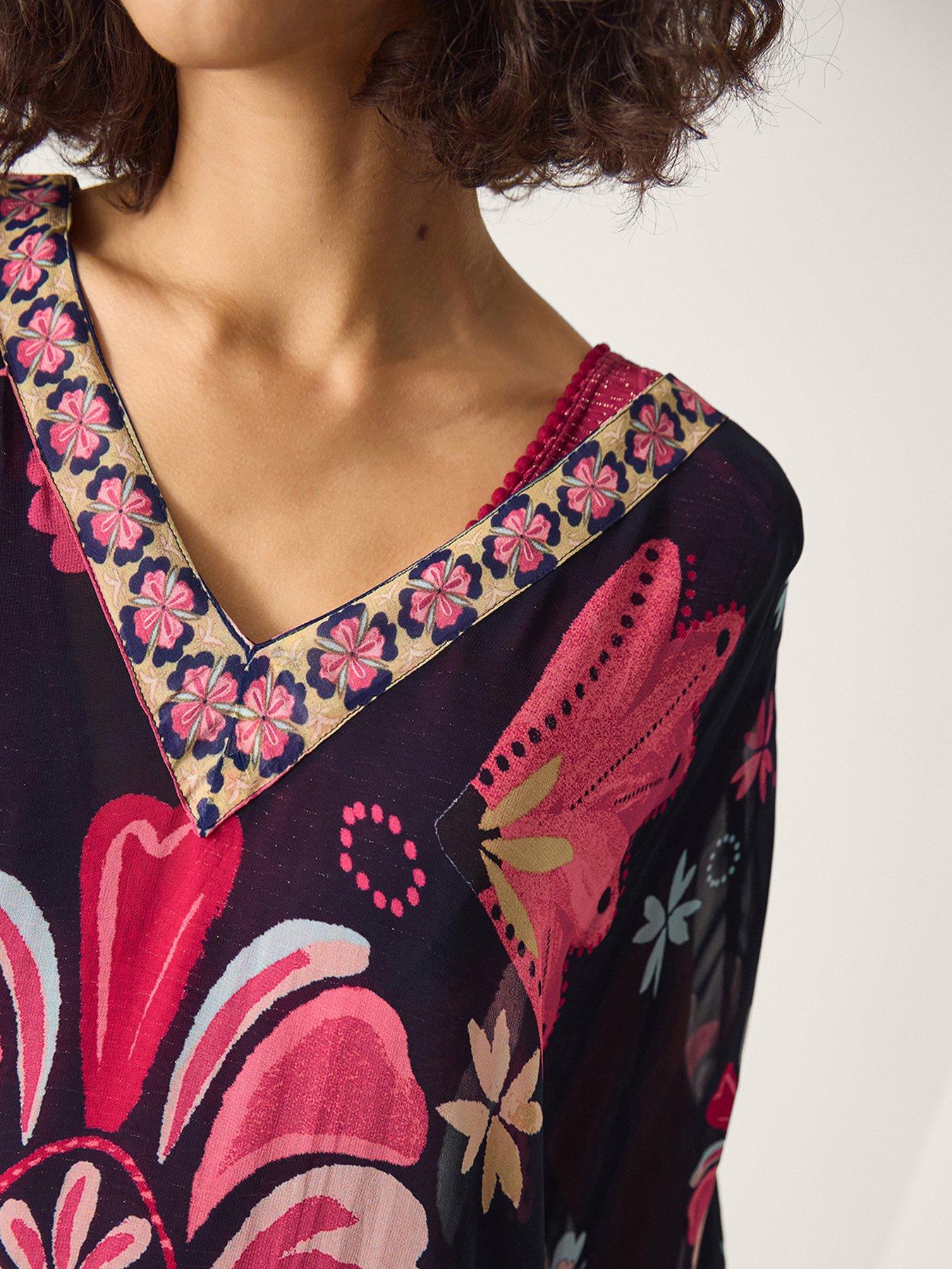 Image 4 of 5 of Monsoon Abbie Floral Kaftan - Blue