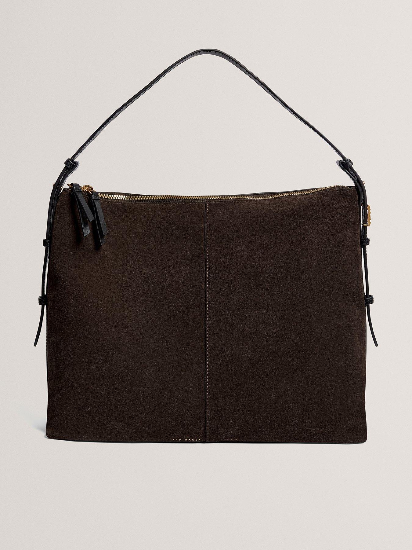 Image 1 of 6 of Ted Baker Script Detail Slouchy Suede Bag - Brown