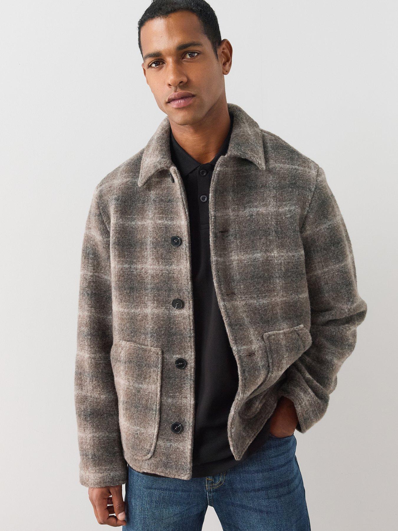 The Very Collection Faux Wool Button Up Checked Harrington - Brown