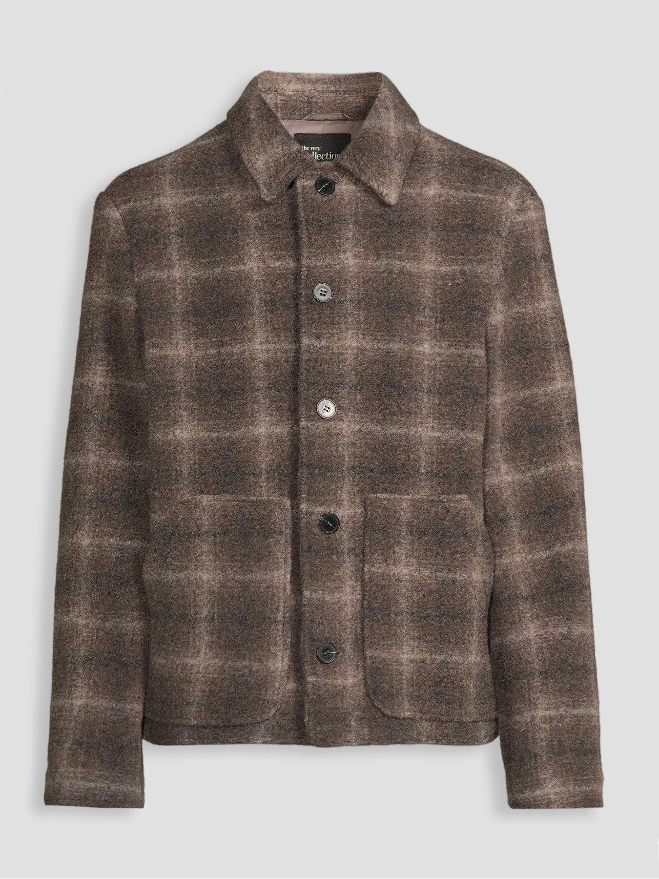 Image 7 of 7 of The Very Collection Faux Wool Button Up Checked Harrington - Brown